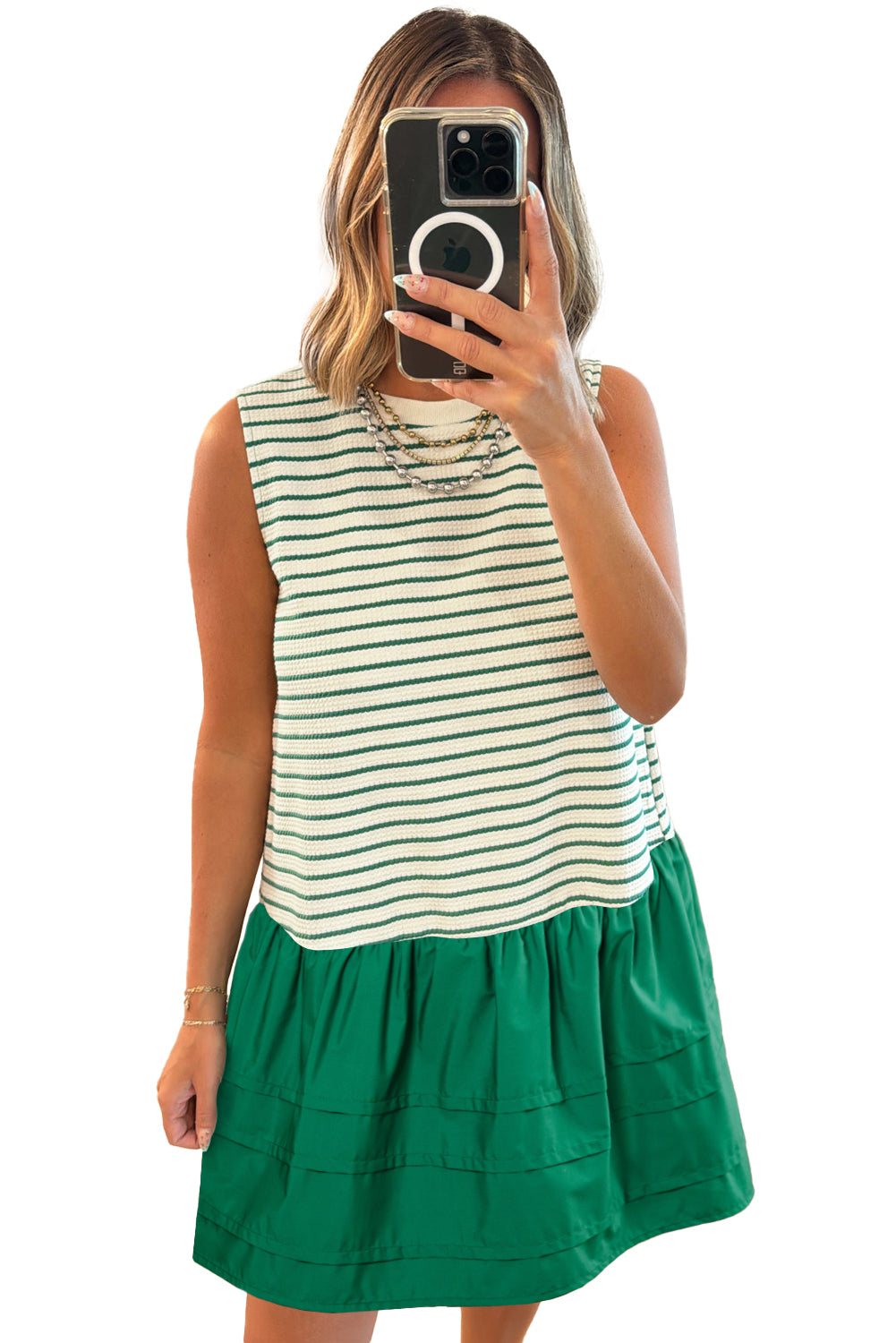 Green Stripe Woven Ruffled Sleeveless Mini Dress-Short Dresses-[Adult]-[Female]-2022 Online Blue Zone Planet