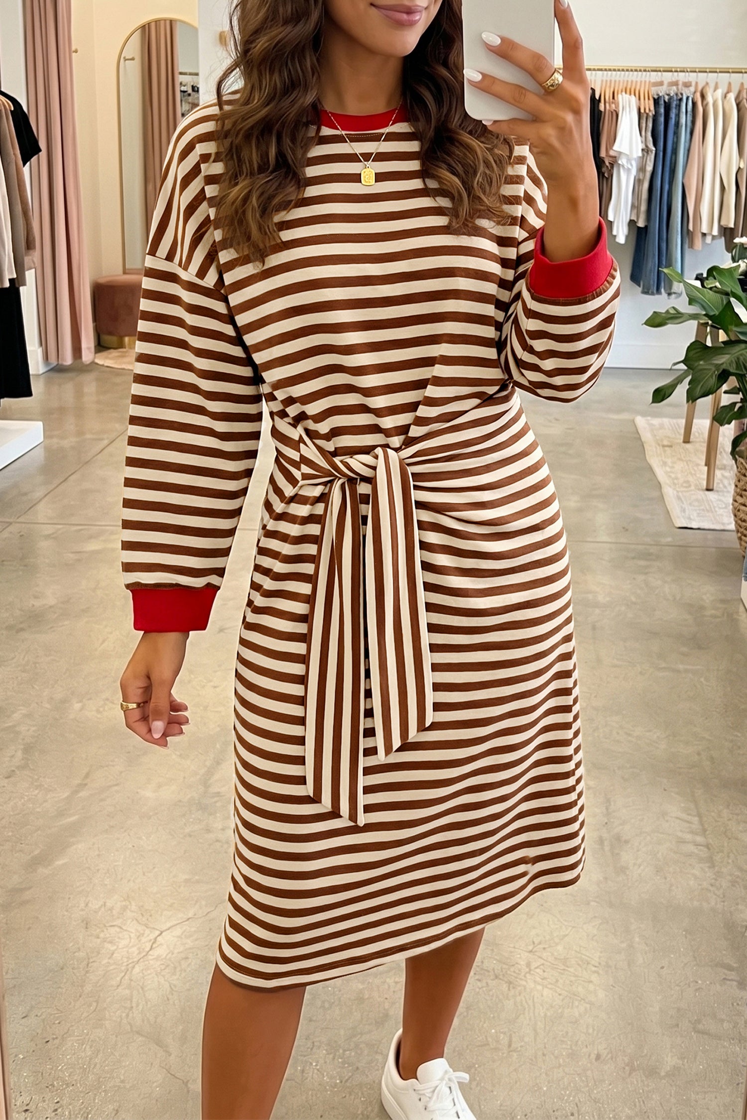 Brown Stripe Striped Colorblock Cuffs Round Neck Long Sleeve Shift Dress-TOPS / DRESSES-[Adult]-[Female]-Brown Stripe-S-2022 Online Blue Zone Planet