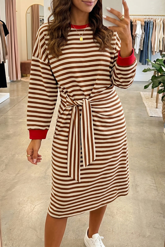 Brown Stripe Striped Colorblock Cuffs Round Neck Long Sleeve Shift Dress-TOPS / DRESSES-[Adult]-[Female]-Brown Stripe-S-2022 Online Blue Zone Planet