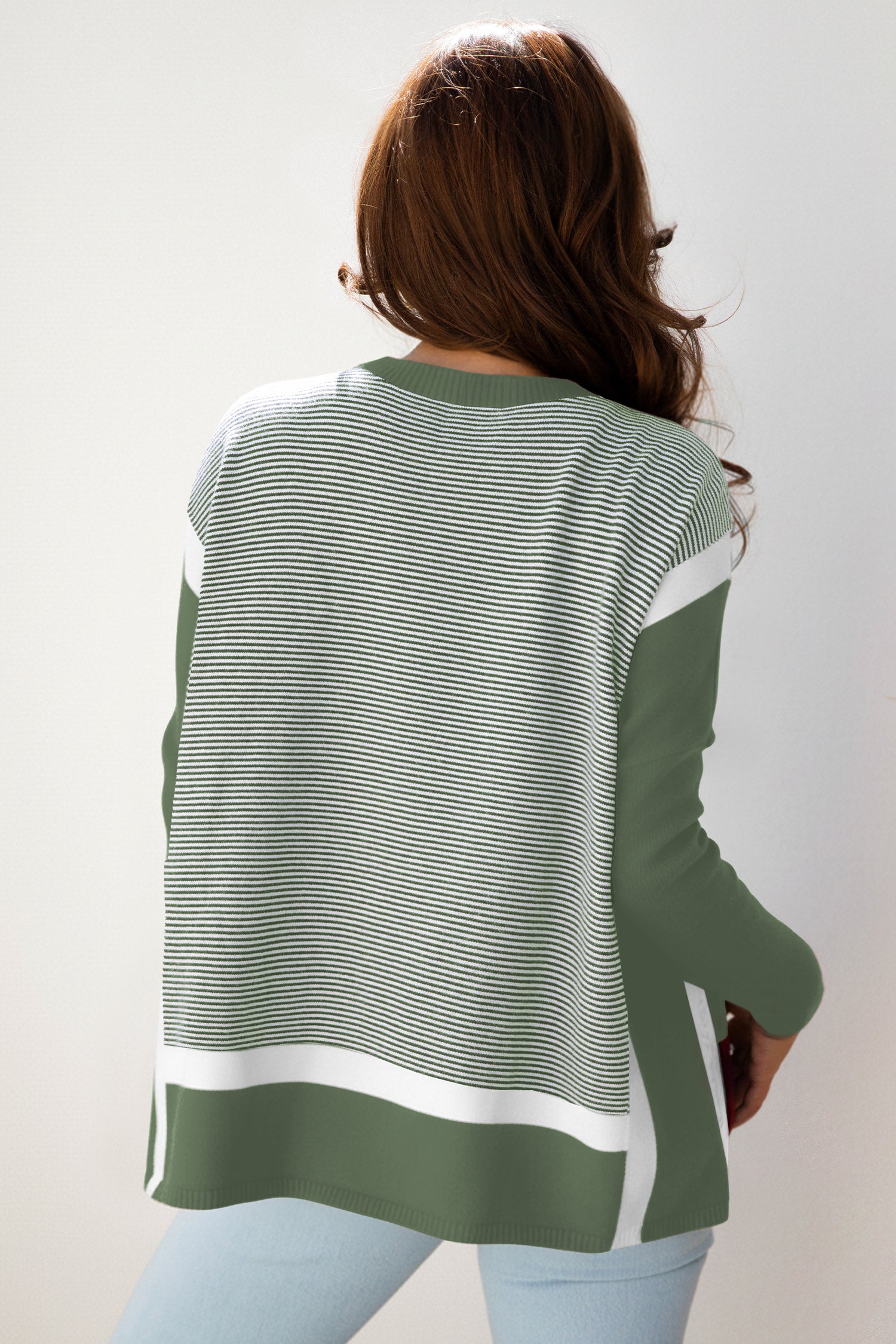 Green Stripe Color Block Patchwork Dolman Oversize Tunic Sweater-Sweaters & Cardigans/Sweaters-[Adult]-[Female]-2022 Online Blue Zone Planet