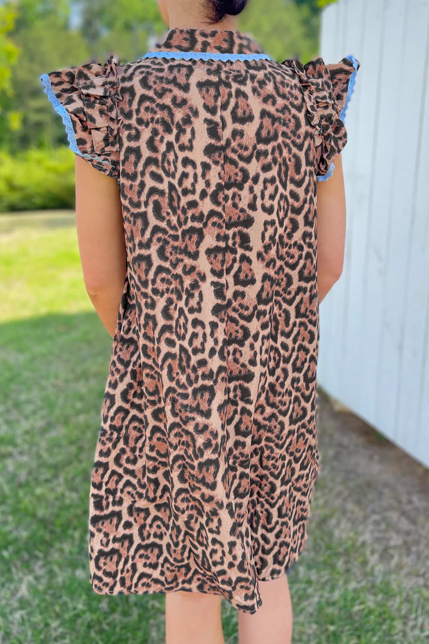 Khaki Leopard Print Lace Trim Shirt Collar Button Down Loose Mini Dress-Dresses/Mini Dresses-[Adult]-[Female]-2022 Online Blue Zone Planet