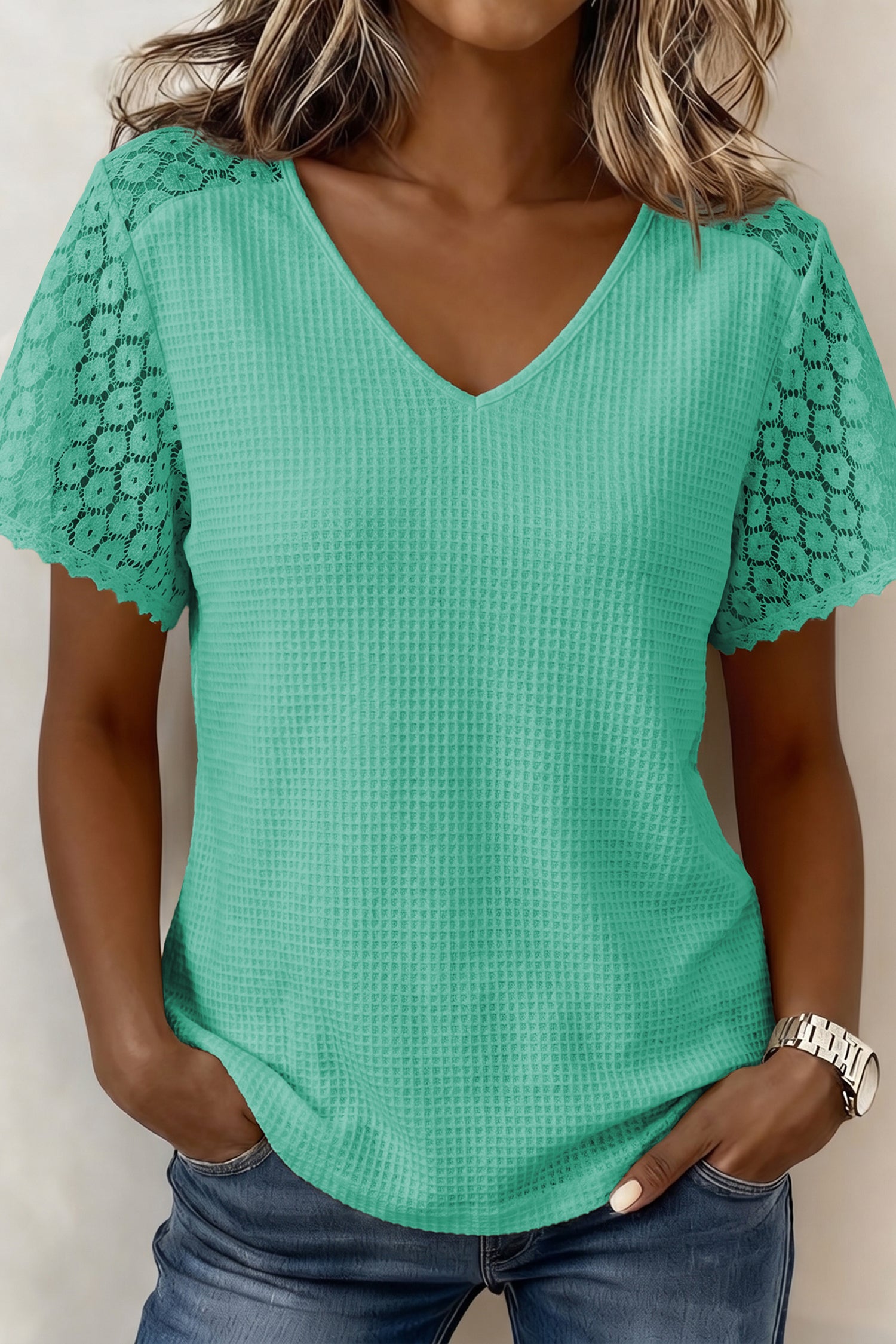 Pink Lace Splicing Button Cutout V Neck Waffle Knit Blouse-Tops/Blouses & Shirts-[Adult]-[Female]-2022 Online Blue Zone Planet