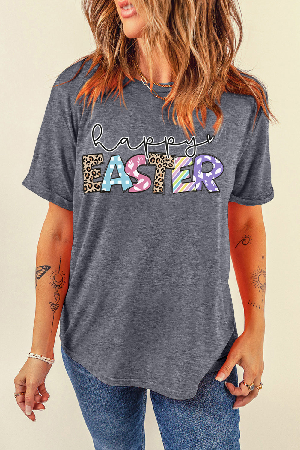 Gray Happy Easter Lettering Graphic Crewneck Tee
