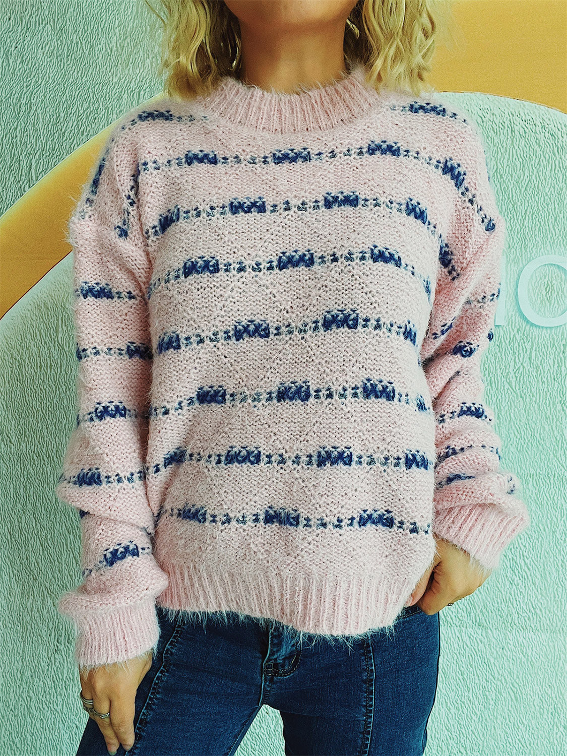 Striped Round Neck Long Sleeve Sweater-TOPS / DRESSES-[Adult]-[Female]-Blush Pink-One Size-2022 Online Blue Zone Planet