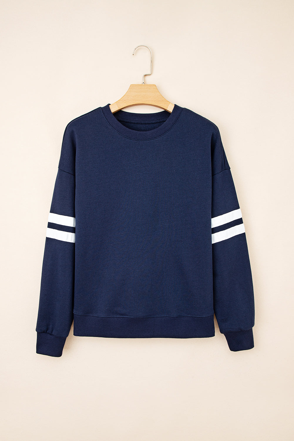 Navy Blue Varsity Striped Detail Drop Shoulder Oversized Sweatshirt-Tops/Sweatshirts & Hoodies-[Adult]-[Female]-2022 Online Blue Zone Planet