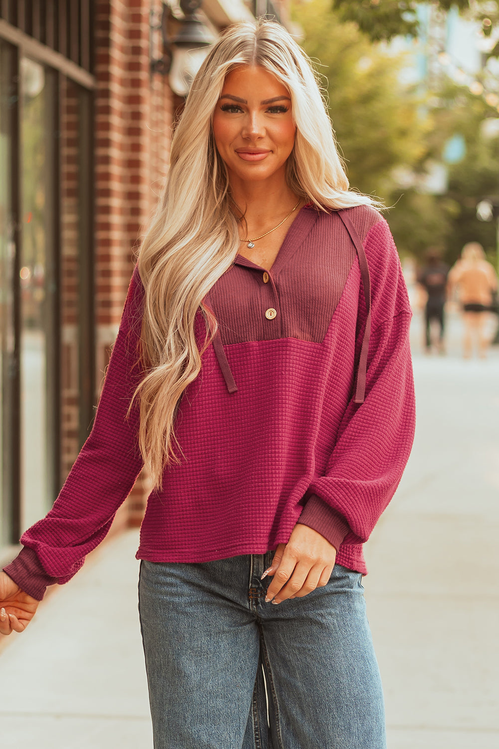 Racing Red Waffle Patchwork Drop Shoulder Hooded Long Sleeve Top-Tops / Dresses-[Adult]-[Female]-2022 Online Blue Zone Planet
