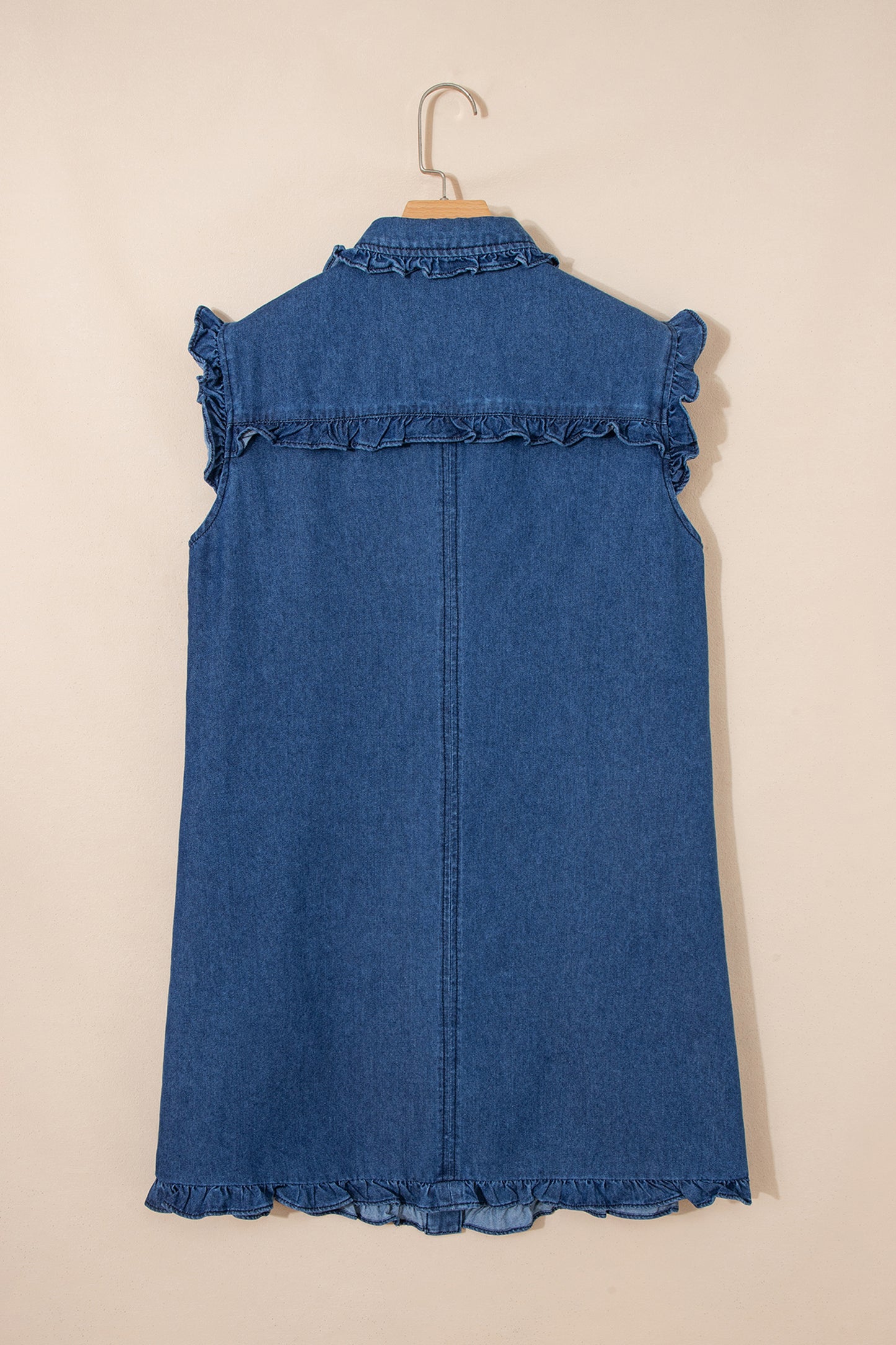 Sail Blue Ruffled Edge Collared Shift Denim Dress with Pockets-TOPS / DRESSES-[Adult]-[Female]-2022 Online Blue Zone Planet