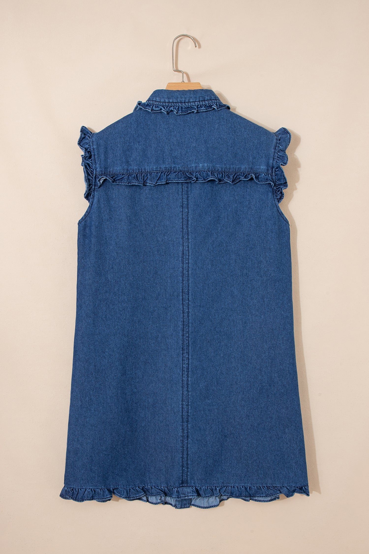 Sail Blue Ruffled Edge Collared Shift Denim Dress with Pockets-TOPS / DRESSES-[Adult]-[Female]-2022 Online Blue Zone Planet