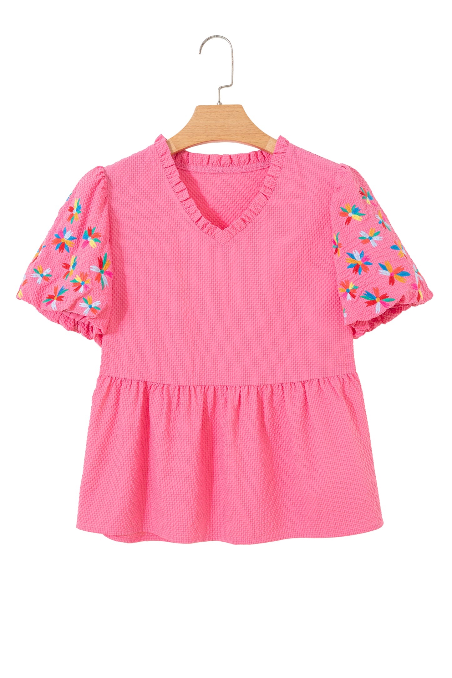 Sachet Pink Frilled V Neck Flower Embroidered Puff Sleeve Textured Blouse-Tops/Blouses & Shirts-[Adult]-[Female]-2022 Online Blue Zone Planet
