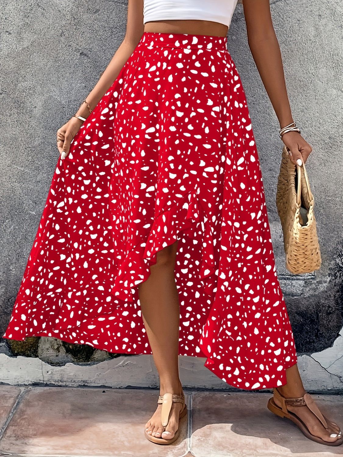 High-Low Printed Skirt-BOTTOMS SIZES SMALL MEDIUM LARGE-[Adult]-[Female]-Deep Red-S-2022 Online Blue Zone Planet