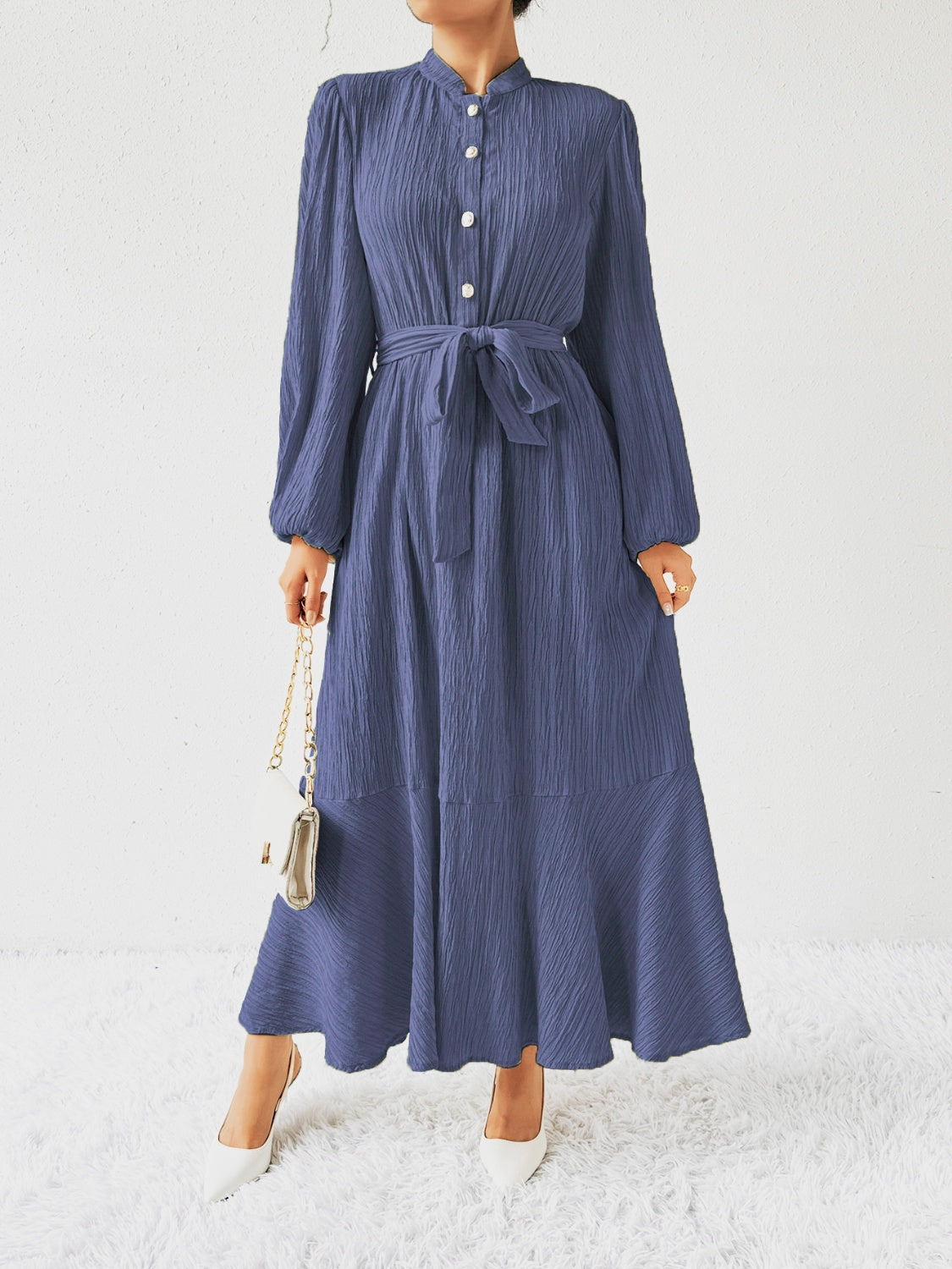 Tie Waist Long Sleeve Dress-TOPS / DRESSES-[Adult]-[Female]-Dusty Blue-S-2022 Online Blue Zone Planet