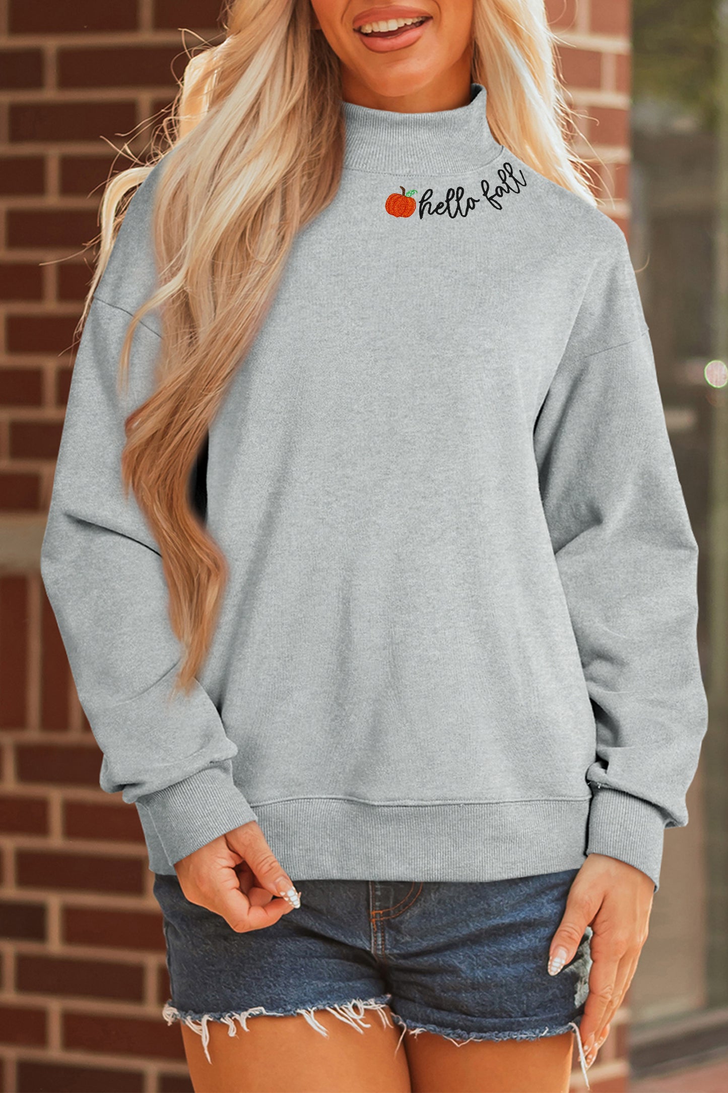 Gray hello fall Embroidered Pumpkin Detail Mock Neck Sweatshirt-Graphic/Graphic Sweatshirts-[Adult]-[Female]-2022 Online Blue Zone Planet