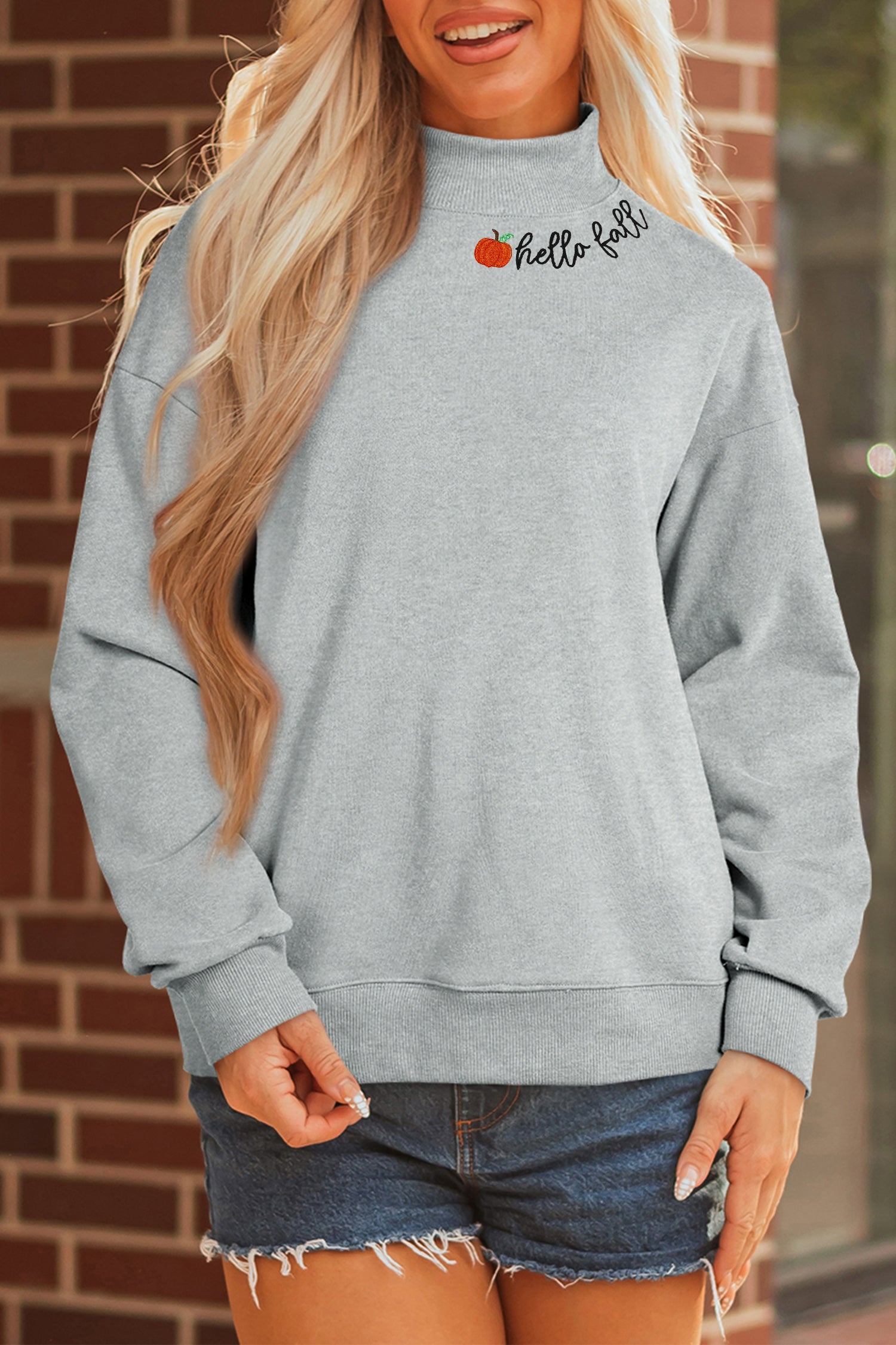 Gray hello fall Embroidered Pumpkin Detail Mock Neck Sweatshirt-Graphic/Graphic Sweatshirts-[Adult]-[Female]-2022 Online Blue Zone Planet