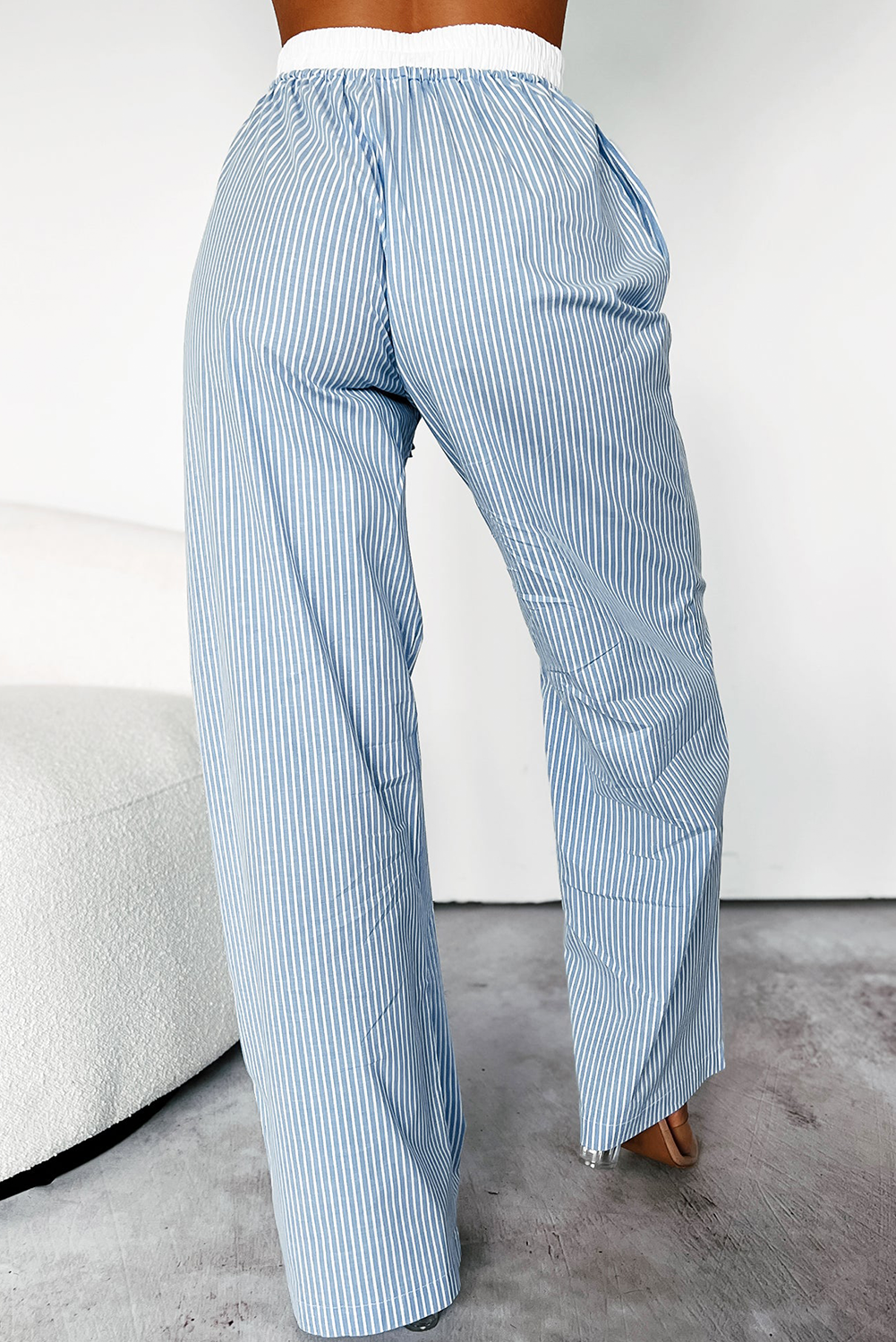 Sky Blue Stripe Drawstring Buttoned High Waist Wide Leg Pants-Pants-[Adult]-[Female]-2022 Online Blue Zone Planet