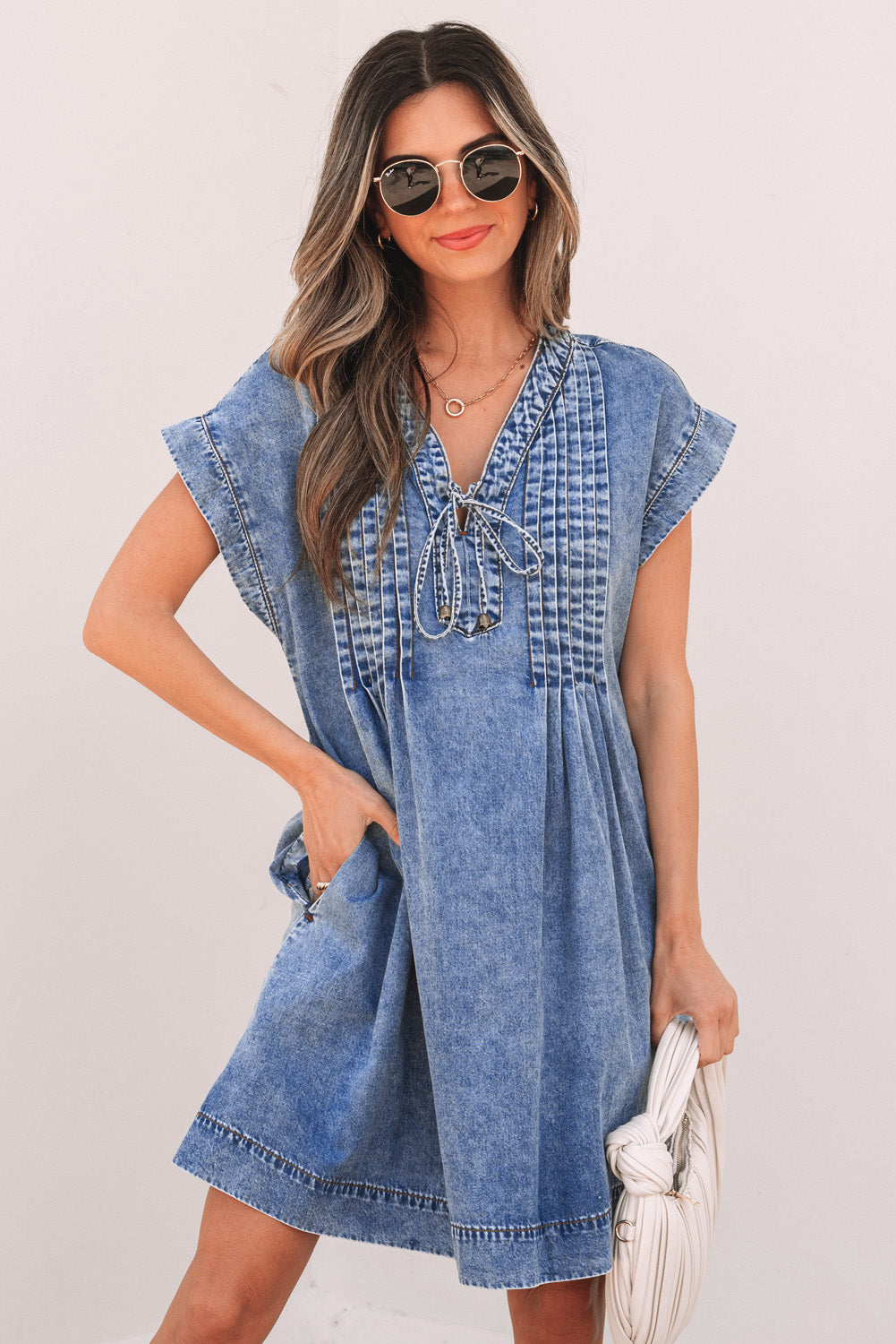 Beau Blue Tie V Neck Tucking Detail Short Sleeve Denim Shift Dress-TOPS / DRESSES-[Adult]-[Female]-2022 Online Blue Zone Planet
