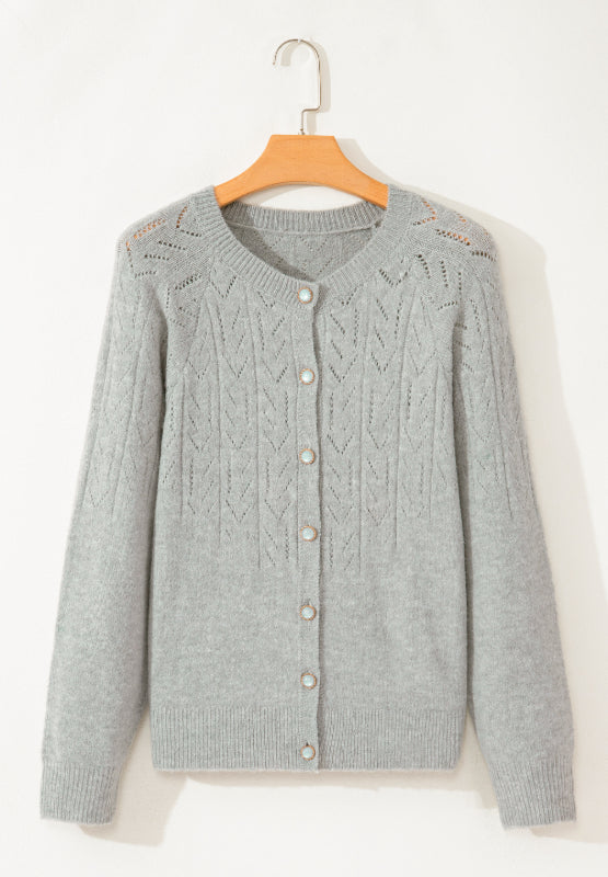 Openwork Button Down Long Sleeve Cardigan-TOPS / DRESSES-[Adult]-[Female]-2022 Online Blue Zone Planet