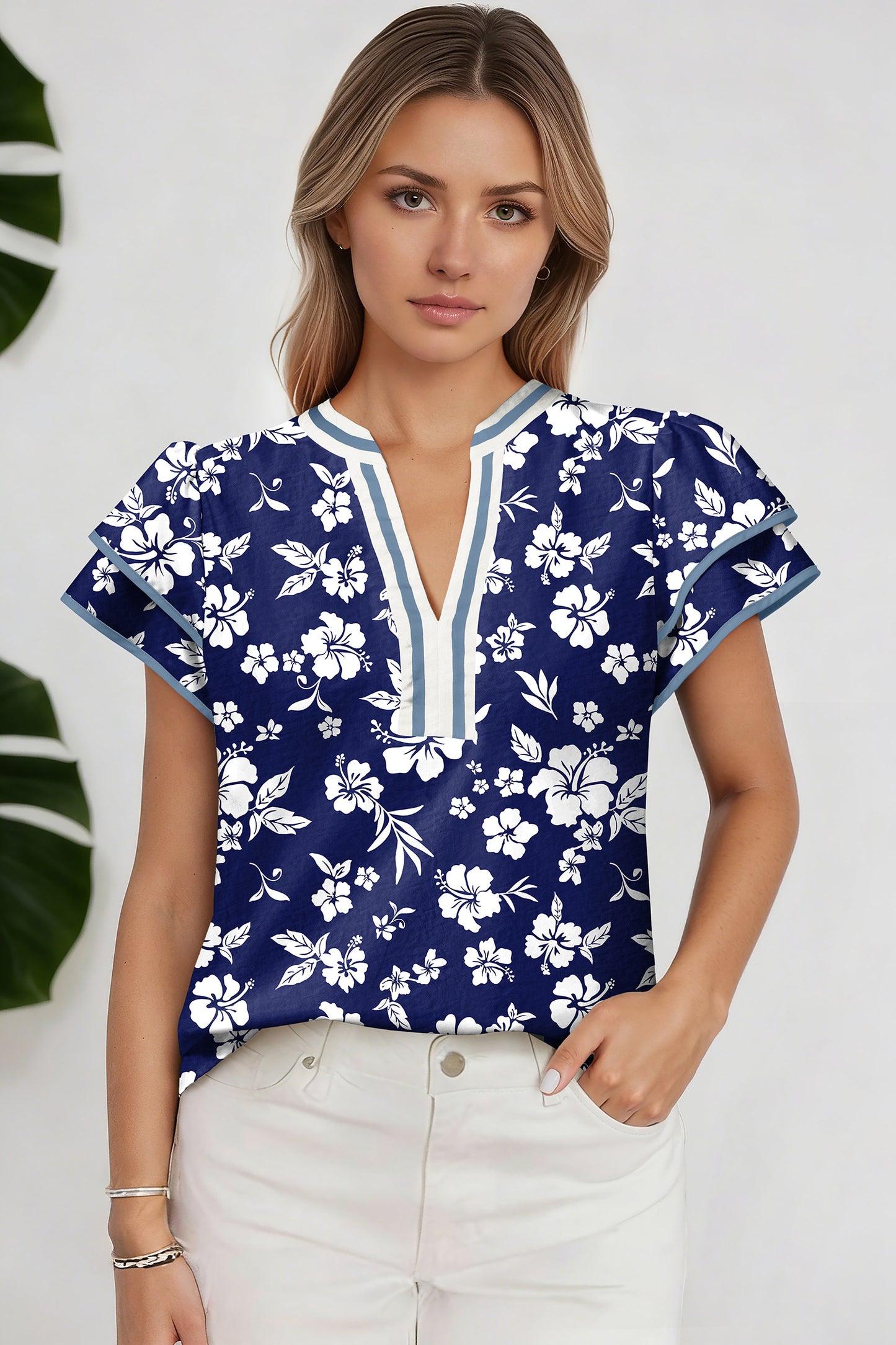 Blue Floral Print Contrast Trim Split Neck Double Ruffle Short Sleeve Blouse-Tops/Blouses & Shirts-[Adult]-[Female]-2022 Online Blue Zone Planet