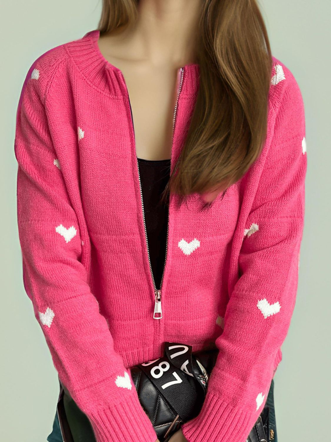 Heart Round Neck Zip Up Cardigan-NEW ARRIVALS-[Adult]-[Female]-2022 Online Blue Zone Planet