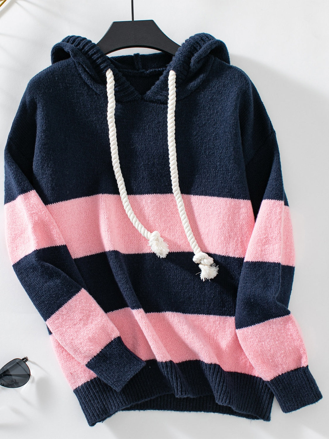 Drawstring Contrast Stripe Dropped Shoulder Hooded Sweater-TOPS / DRESSES-[Adult]-[Female]-Blush Pink-S-2022 Online Blue Zone Planet