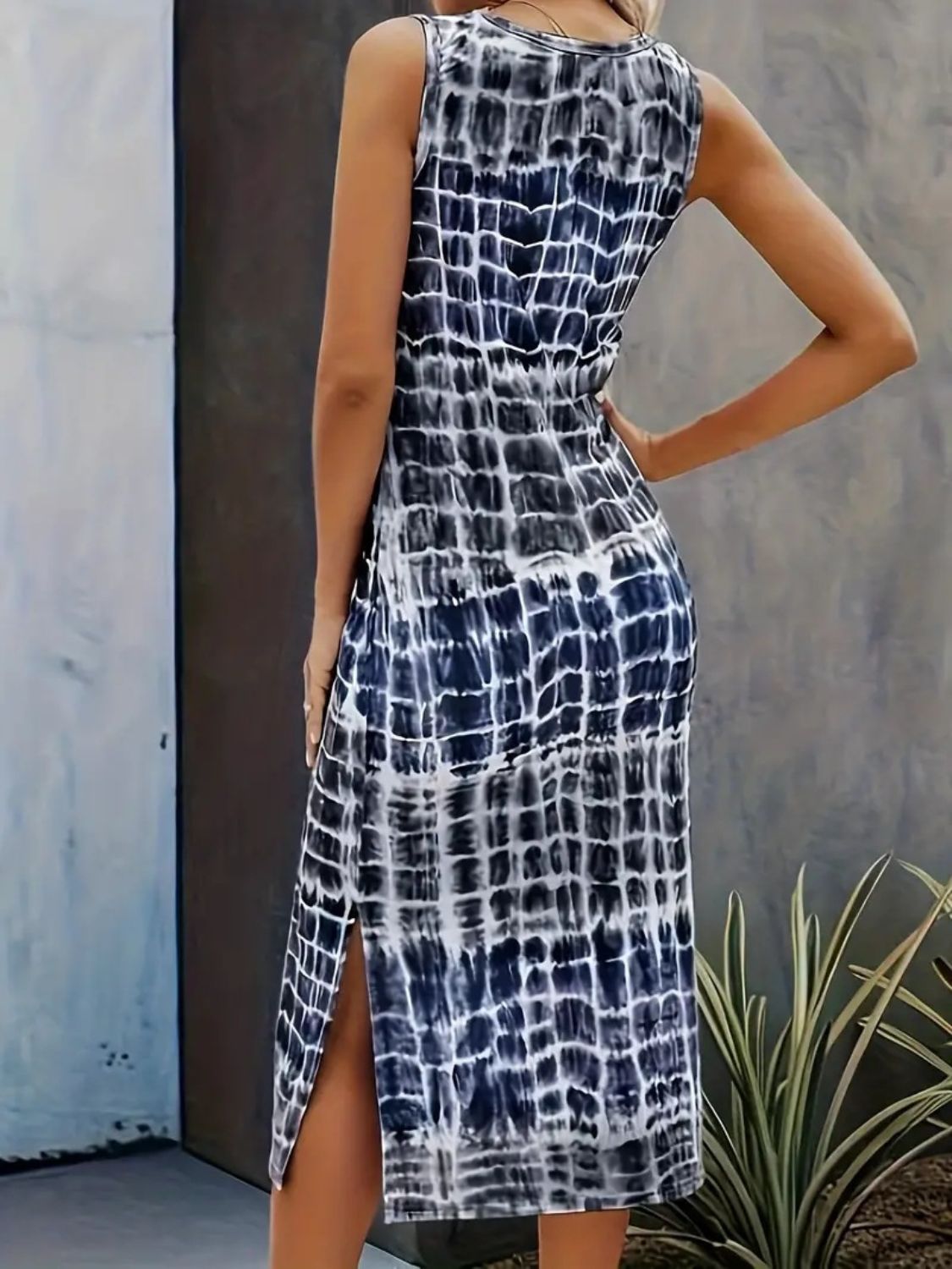 Slit Printed Round Neck Sleeveless Dress-TOPS / DRESSES-[Adult]-[Female]-2022 Online Blue Zone Planet