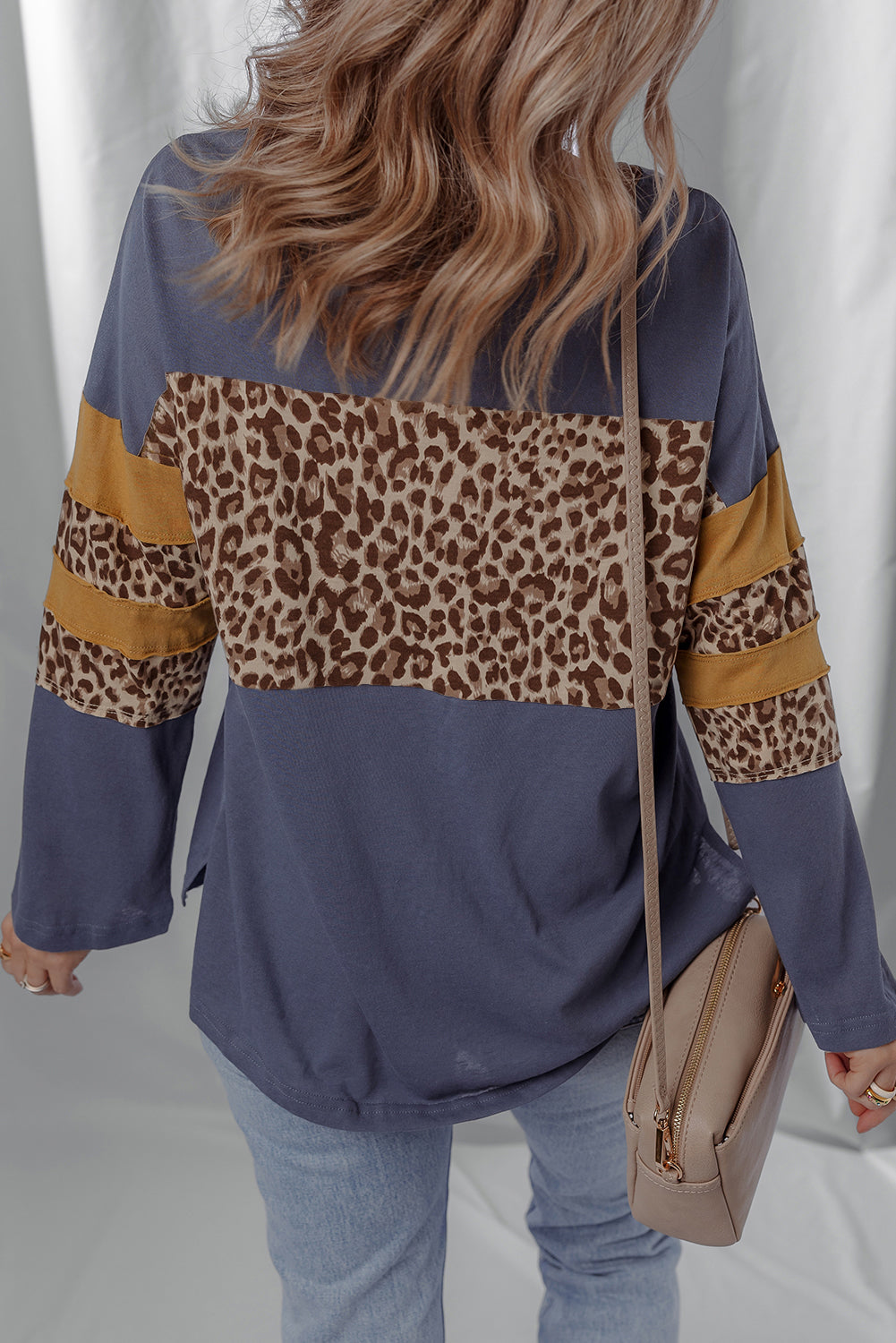 Dark Blue Leopard Colorblock Patchwork Long Sleeve Drop Shoulder Top-Tops/Long Sleeve Tops-[Adult]-[Female]-2022 Online Blue Zone Planet