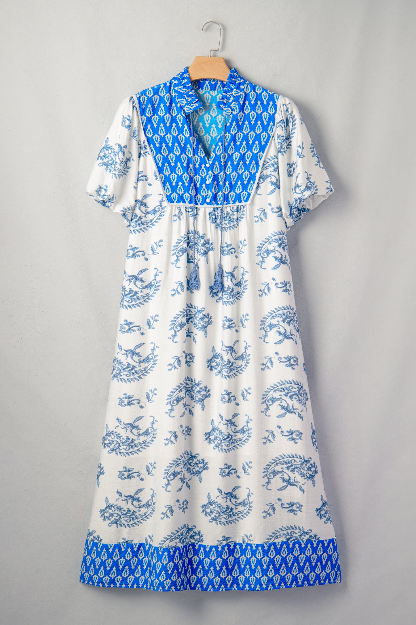 Sky Blue Plus Size Floral Print Contrast Boho Patchwork V Neck Loose Midi Dress-Plus Size/Plus Size Dresses/Plus Size Midi Dresses-[Adult]-[Female]-2022 Online Blue Zone Planet