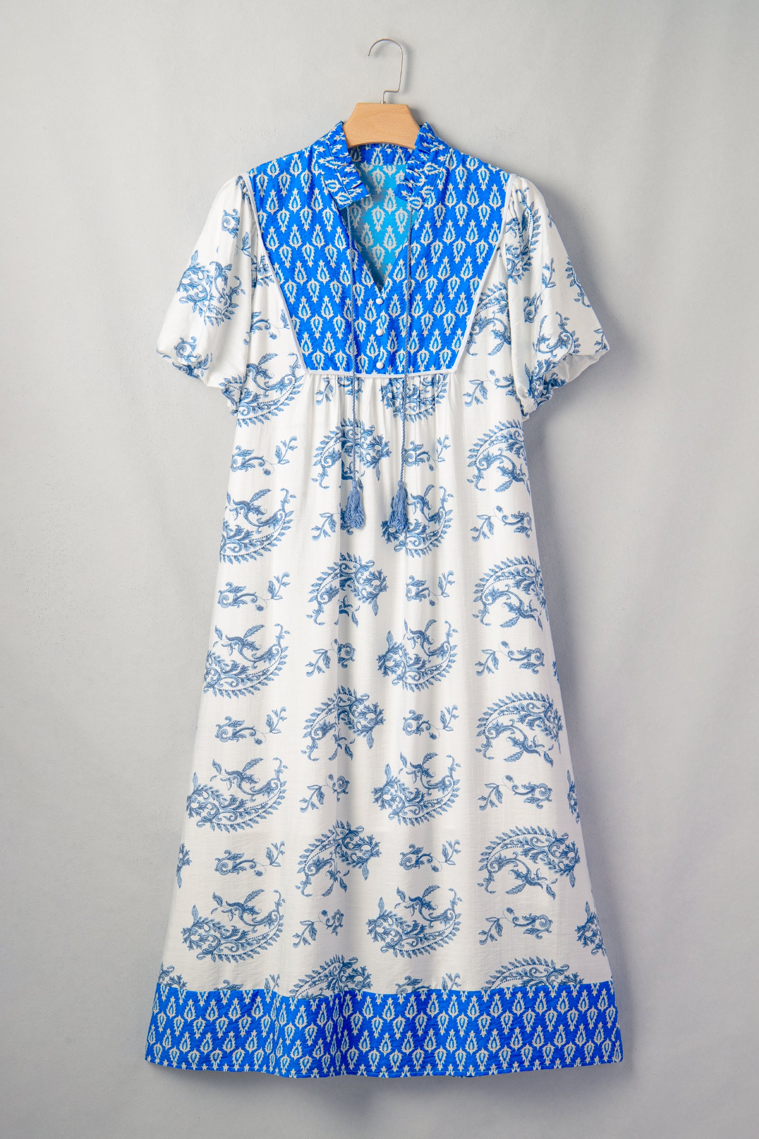 Sky Blue Plus Size Floral Print Contrast Boho Patchwork V Neck Loose Midi Dress-Plus Size/Plus Size Dresses/Plus Size Midi Dresses-[Adult]-[Female]-2022 Online Blue Zone Planet