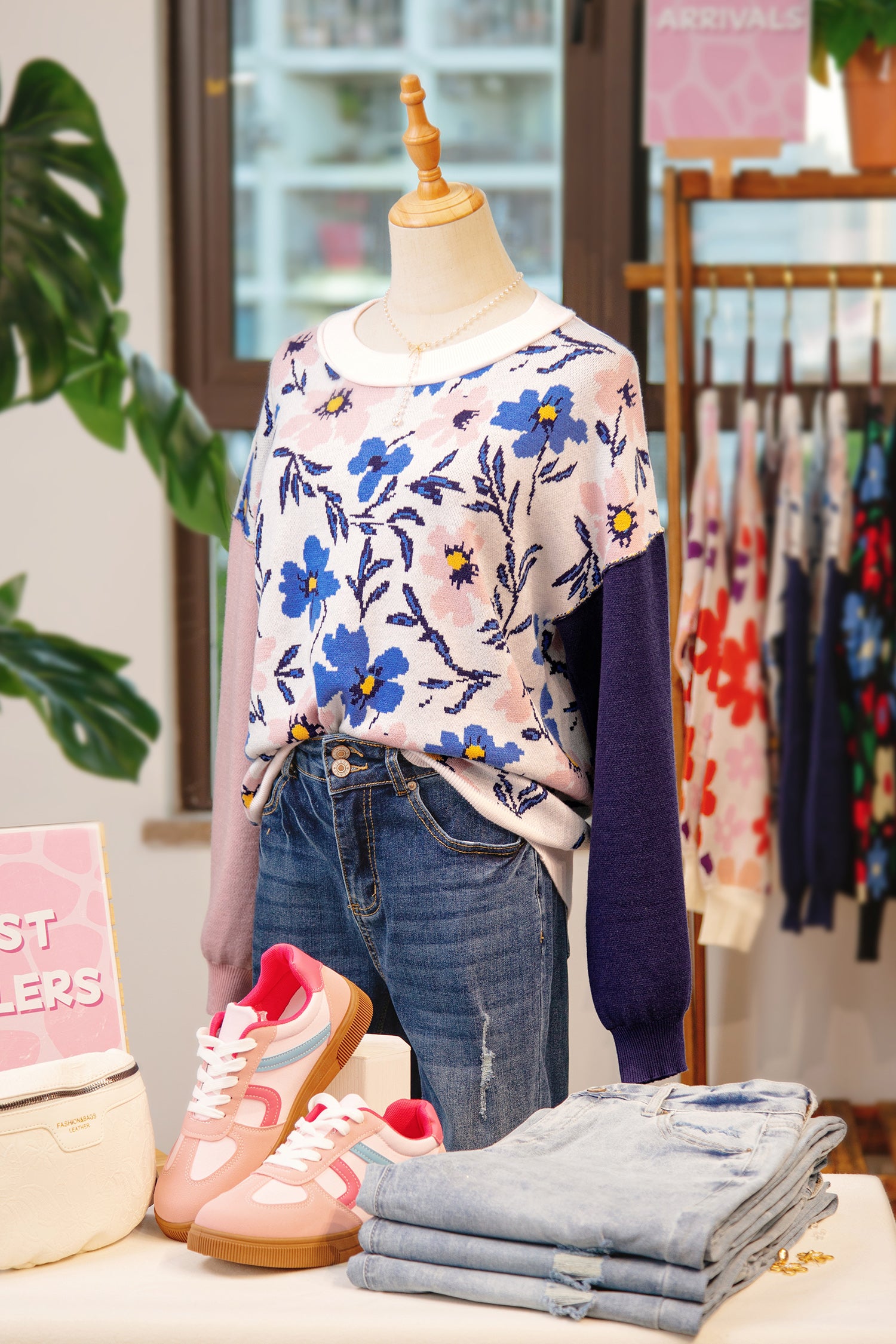 Khaki Floral Panel Colorblock Sleeve Patchwork Sweater-TOPS / DRESSES-[Adult]-[Female]-2022 Online Blue Zone Planet