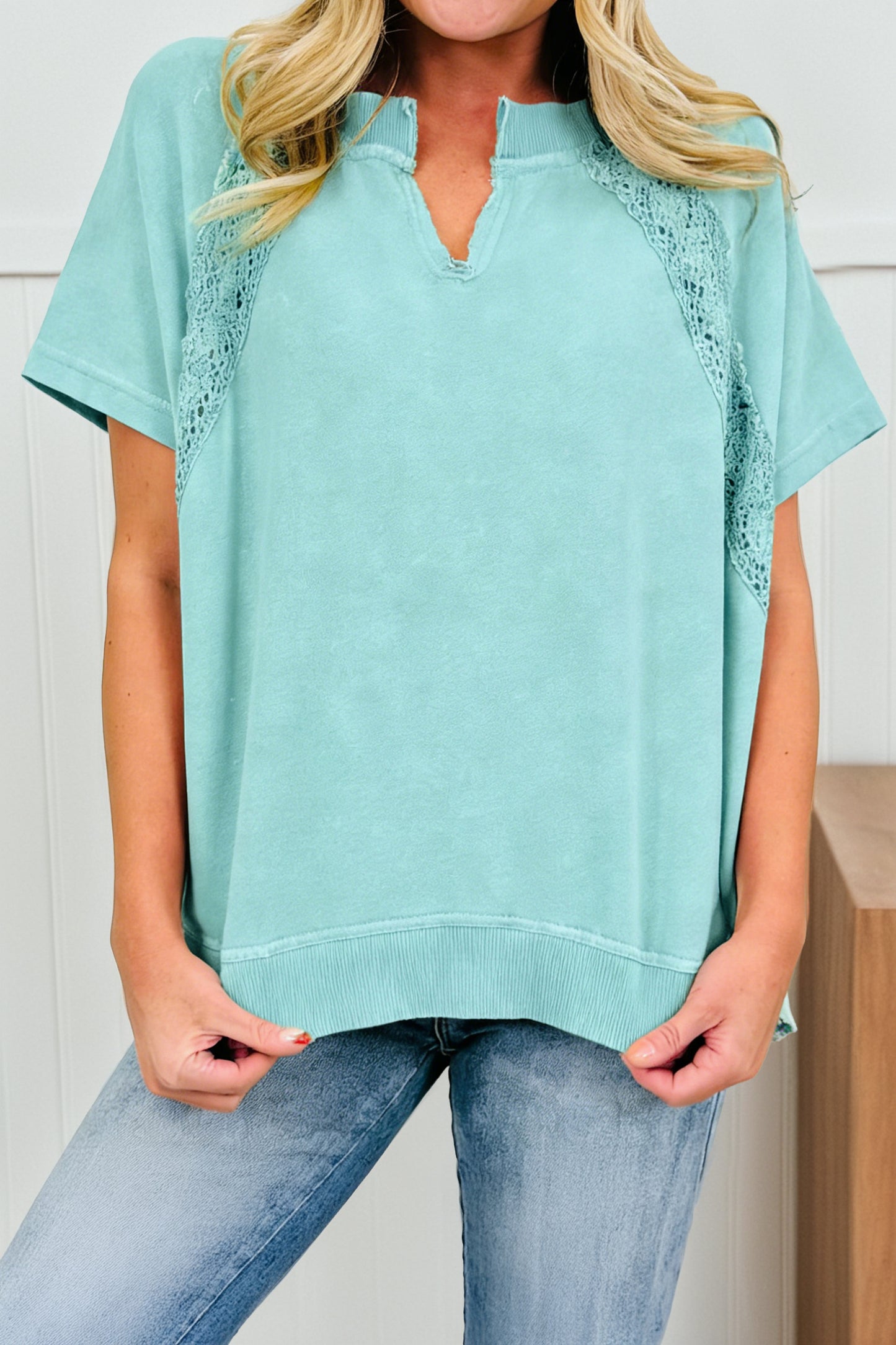 Mint Green Raw Cut Notched Neck Lace Patchwork Detail Mineral Wash Tee-Tops/Tops & Tees-[Adult]-[Female]-Mint Green-S-2022 Online Blue Zone Planet