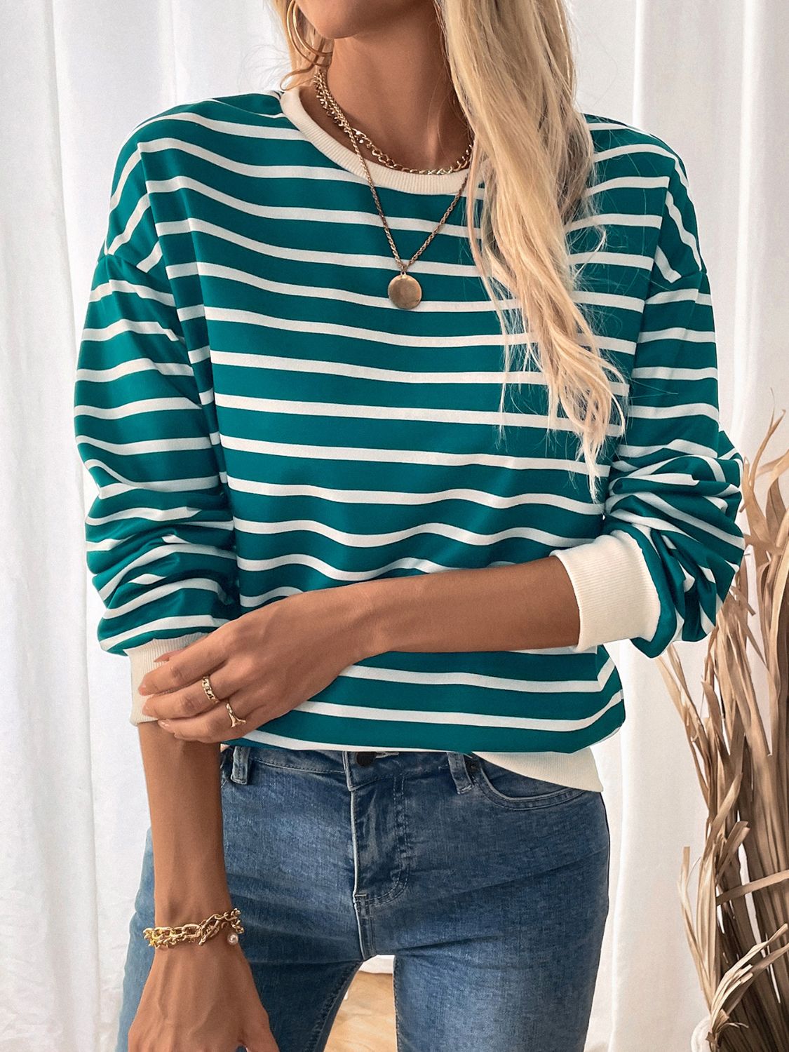 Perfee Striped Contrast Round Neck Long Sleeve Sweatshirt-TOPS / DRESSES-[Adult]-[Female]-2022 Online Blue Zone Planet