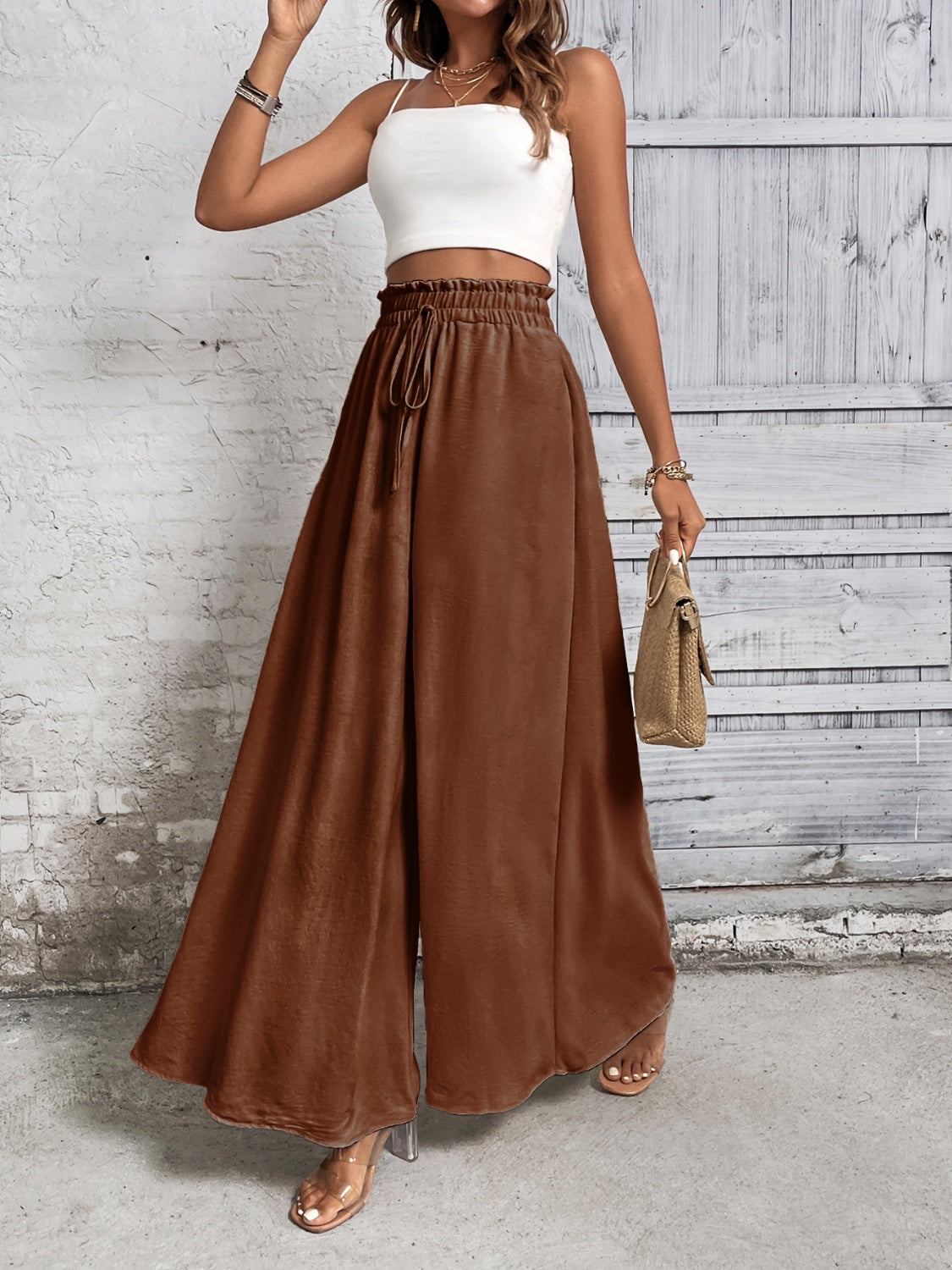 Honey Tied High Waist Wide Leg Pants-BOTTOMS SIZES SMALL MEDIUM LARGE-[Adult]-[Female]-Brown-S-2022 Online Blue Zone Planet