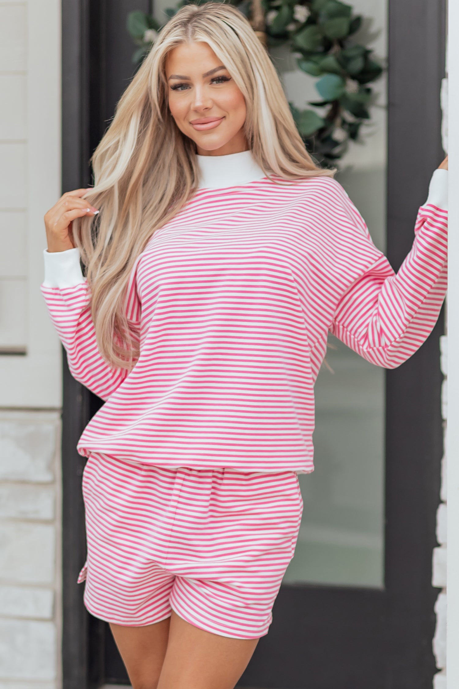 Pink Stripe Oversize Mock Neck Sweatshirt and Shorts Set-Two Piece Sets/Short Sets-[Adult]-[Female]-2022 Online Blue Zone Planet