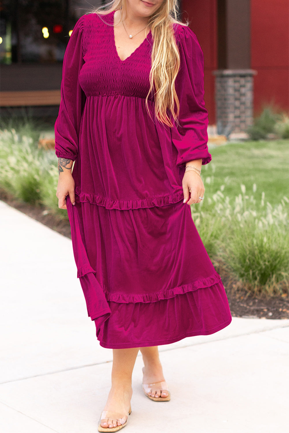 Blue Zone Planet | Rose Red Shirred V Neck Tiered Ruffled Velvet Plus Size Maxi Dress-TOPS / DRESSES-[Adult]-[Female]-2022 Online Blue Zone Planet