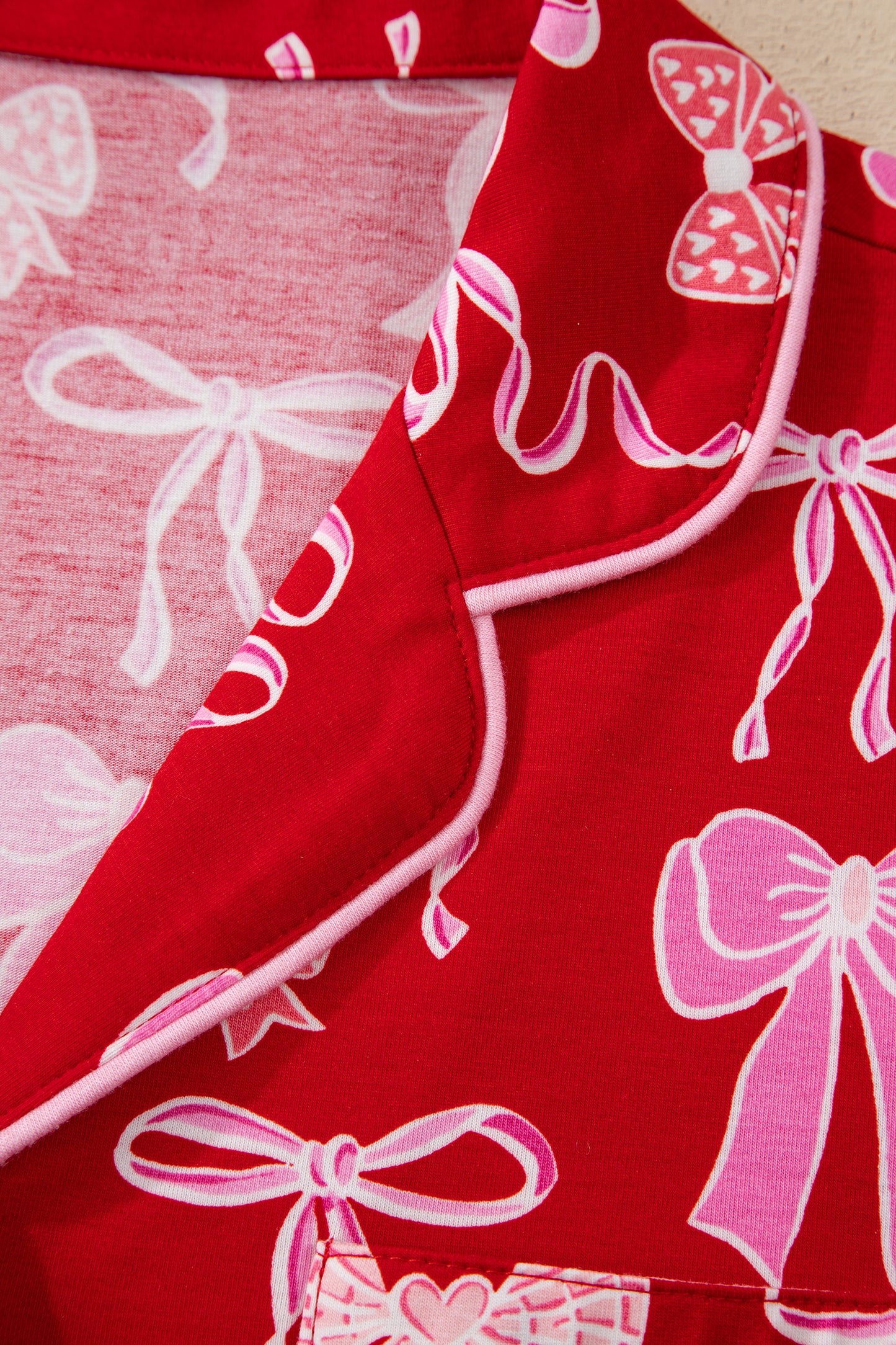 Red Sweet Bow Print Shirt Style Top Long 2pcs Pajama Set-Loungewear & Sleepwear/Sleepwear-[Adult]-[Female]-2022 Online Blue Zone Planet