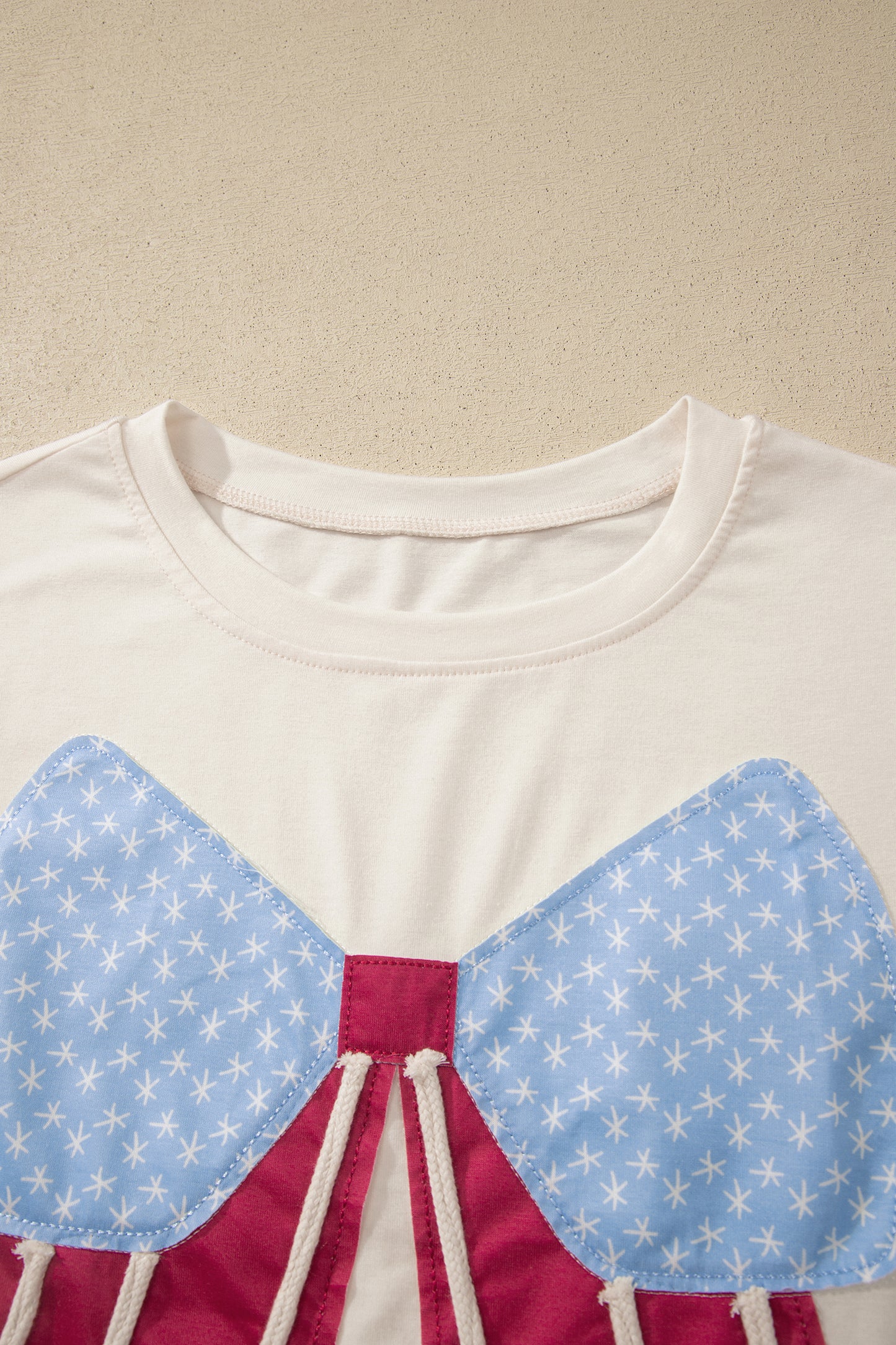 White Loose Knit Vintage Flag Bow Patched T Shirt-Tops/Tops & Tees-[Adult]-[Female]-2022 Online Blue Zone Planet
