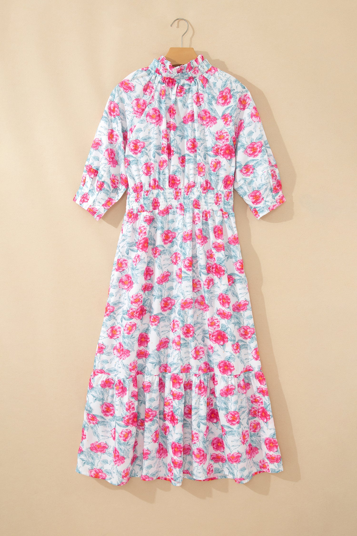 Red Elegant Floral Puff Sleeve Midi Dress-TOPS / DRESSES-[Adult]-[Female]-2022 Online Blue Zone Planet