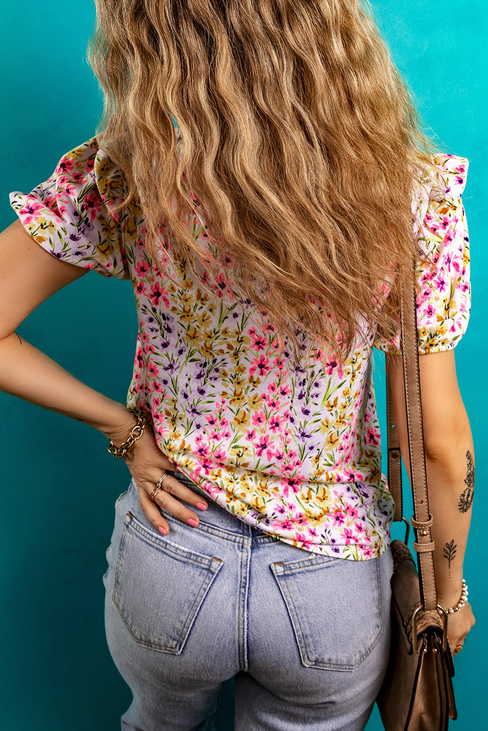 Pink Floral Puff Short Sleeve Crewneck Blouse-Tops/Blouses & Shirts-[Adult]-[Female]-2022 Online Blue Zone Planet