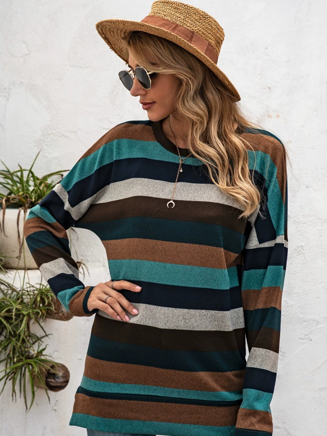 Full Size Striped Round Neck Long Sleeve T-Shirt Plus Size-TOPS / DRESSES-[Adult]-[Female]-2022 Online Blue Zone Planet