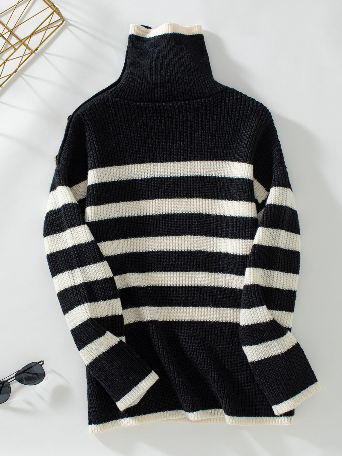 Buttoned Striped Long Sleeve Sweater-TOPS / DRESSES-[Adult]-[Female]-2022 Online Blue Zone Planet