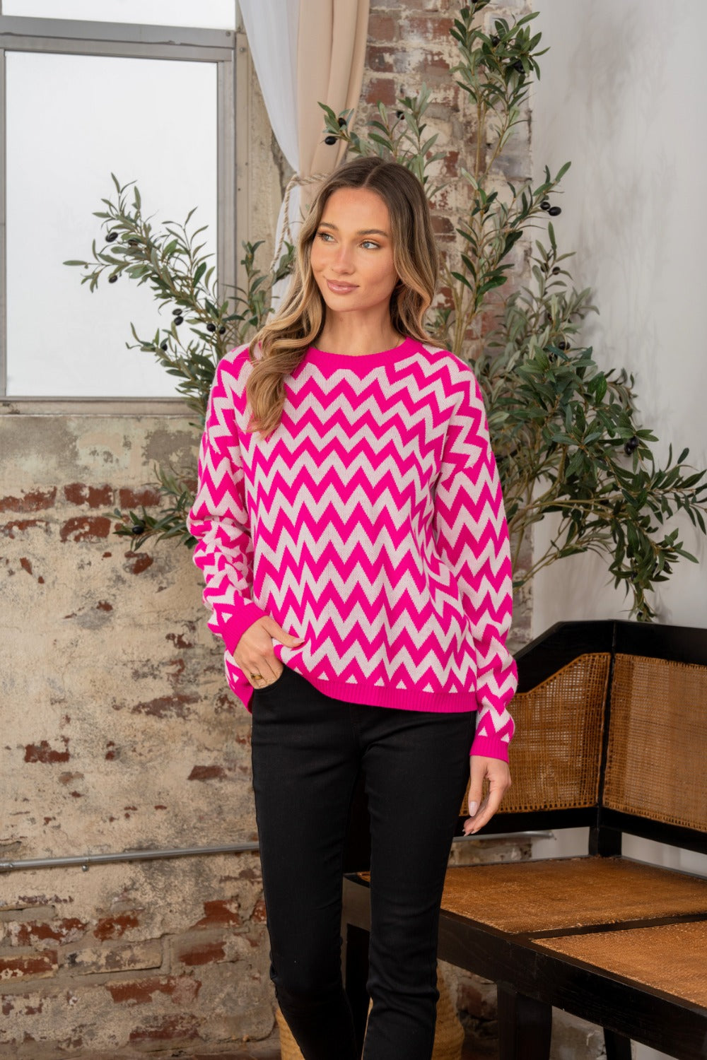 Sew In Love Full Size Wave Stripe Contrast Long Sleeve Sweater-TOPS / DRESSES-[Adult]-[Female]-Fuchsia/ Ivory-S-2022 Online Blue Zone Planet