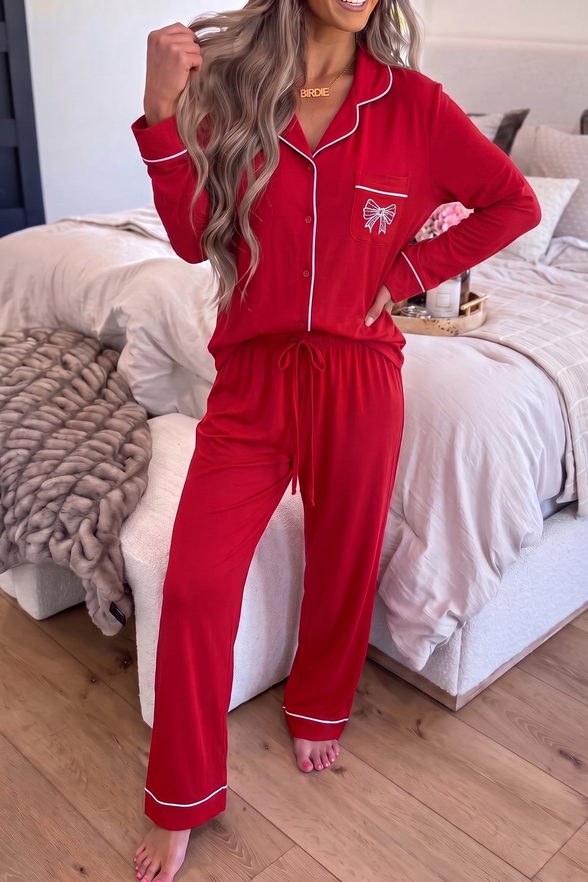 Racing Red Bow Pocket Detail Long Sleeve Shirt 2pcs Pajama Set-Loungewear & Sleepwear/Loungewear-[Adult]-[Female]-Racing Red-S-2022 Online Blue Zone Planet