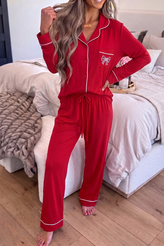 Racing Red Bow Pocket Detail Long Sleeve Shirt 2pcs Pajama Set-Loungewear & Sleepwear/Loungewear-[Adult]-[Female]-Racing Red-S-2022 Online Blue Zone Planet