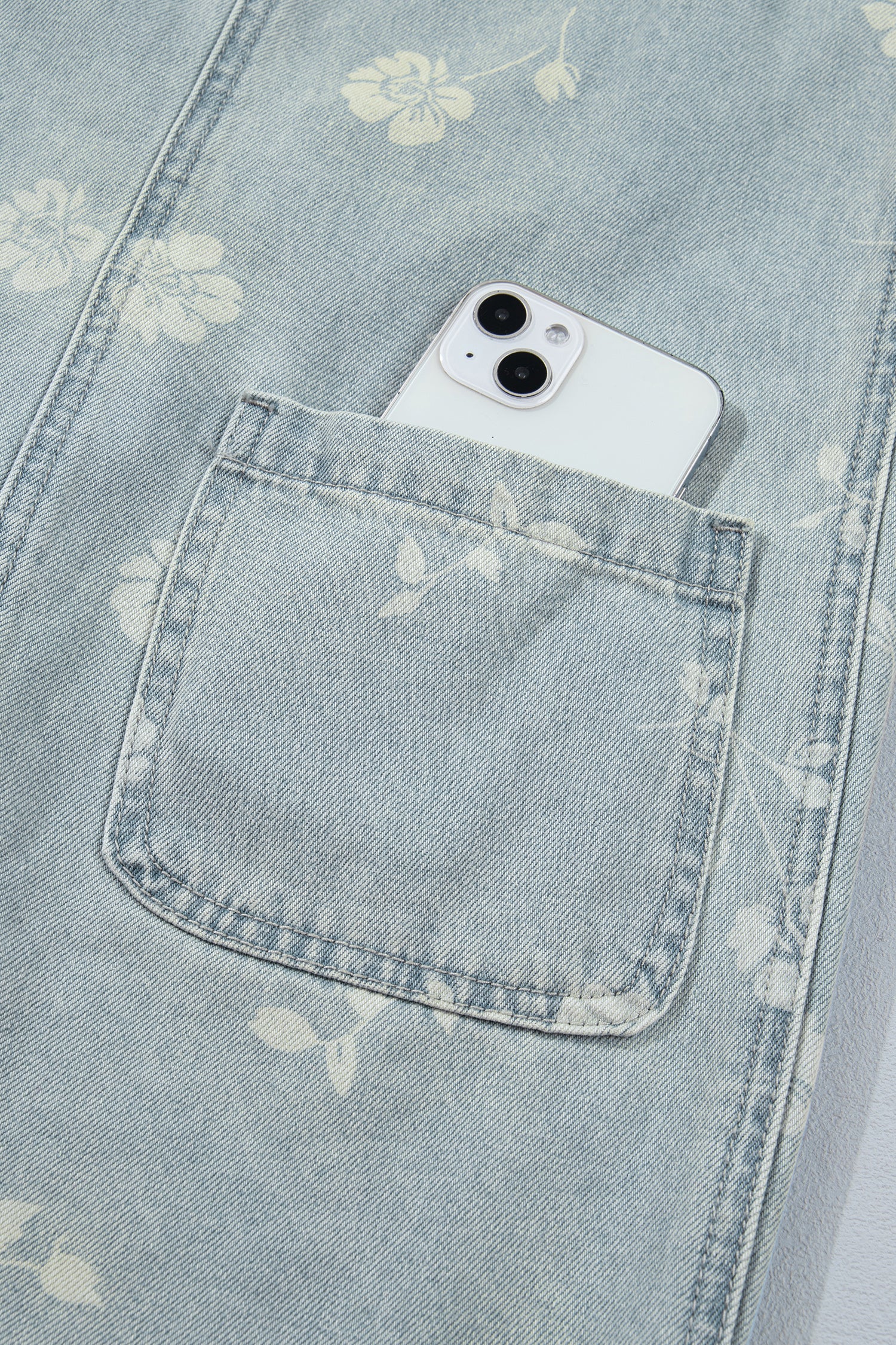 Sky Blue Retro Wash Denim Floral Print Overall Mini Dress-TOPS / DRESSES-[Adult]-[Female]-2022 Online Blue Zone Planet