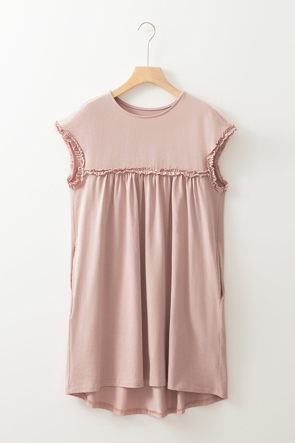 Oatmeal Frilled Trim Crew Neck Loose Fit Mini Dress-TOPS / DRESSES-[Adult]-[Female]-2022 Online Blue Zone Planet