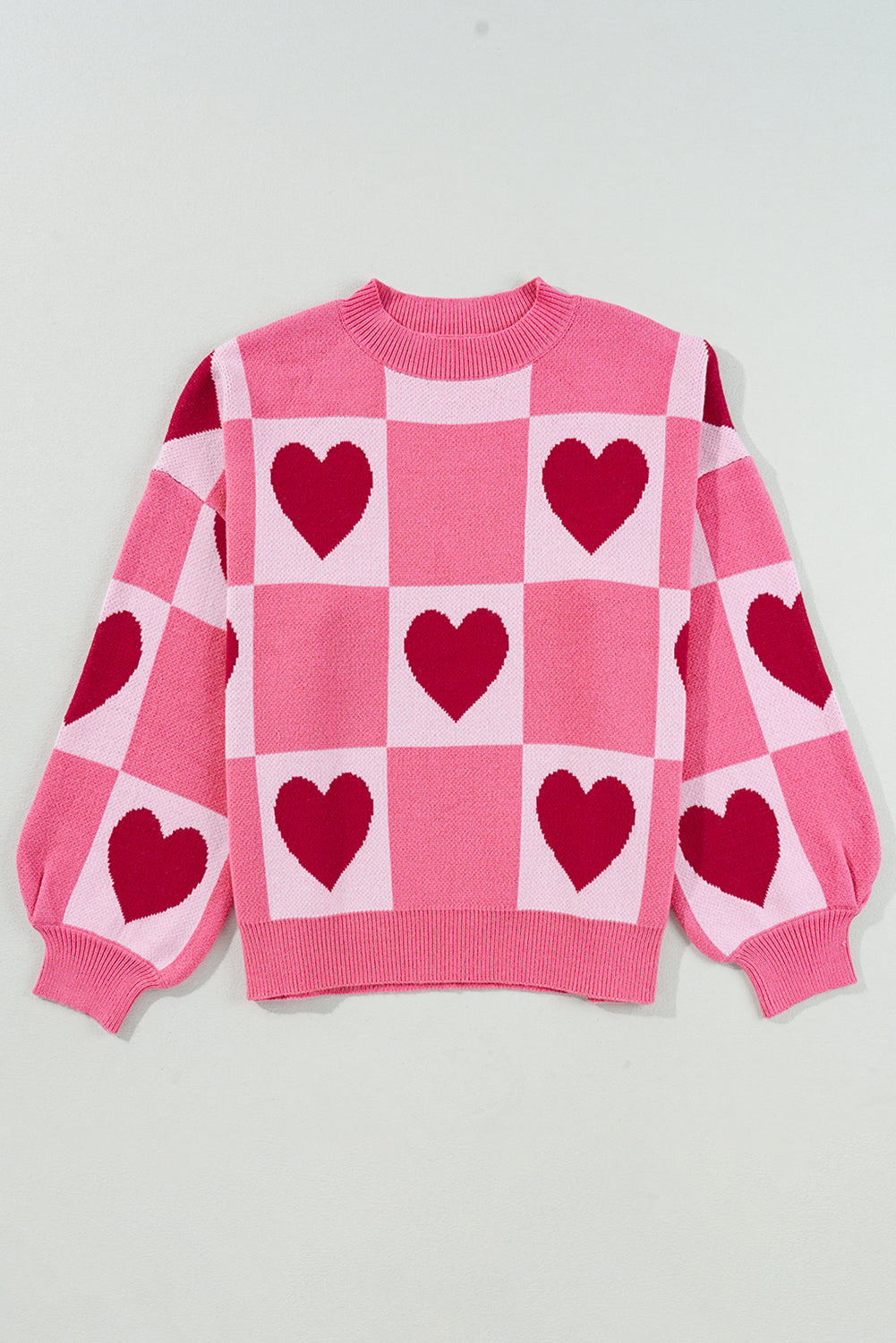 Pink Love Heart Checkered Valentine Knit Sweater-TOPS / DRESSES-[Adult]-[Female]-2022 Online Blue Zone Planet