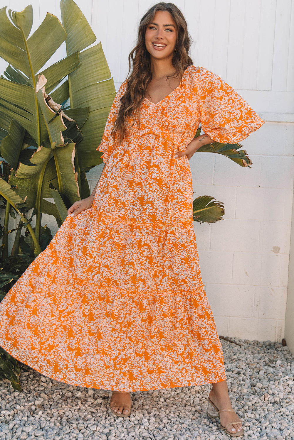 Orange Floral Print Smocked V Neck Wide Sleeve Maxi Dress-Dresses/Floral Dresses-[Adult]-[Female]-2022 Online Blue Zone Planet