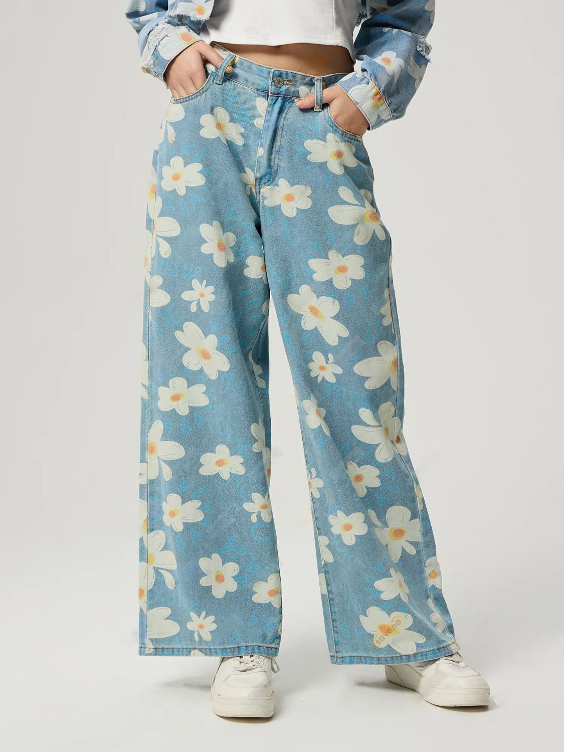 Blue Zone Planet | Pocketed Floral Wide Leg Jeans-BOTTOMS SIZES SMALL MEDIUM LARGE-[Adult]-[Female]-Light-XS-2022 Online Blue Zone Planet