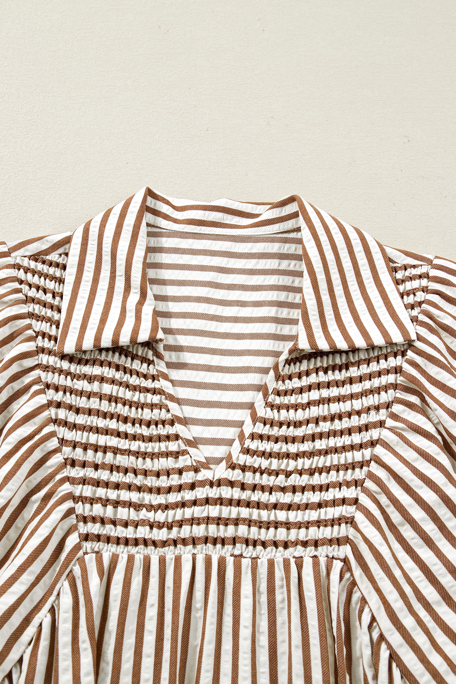 Brown Stripe Shirred V Neck Short Puff Sleeve Blouse-Tops/Blouses & Shirts-[Adult]-[Female]-2022 Online Blue Zone Planet