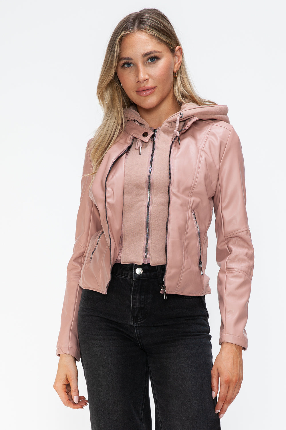 Blue Zone Planet | Snobbish Faux Leather Zip Up Drawstring Hooded Jacket-TOPS / DRESSES-[Adult]-[Female]-Mauve-S-2022 Online Blue Zone Planet