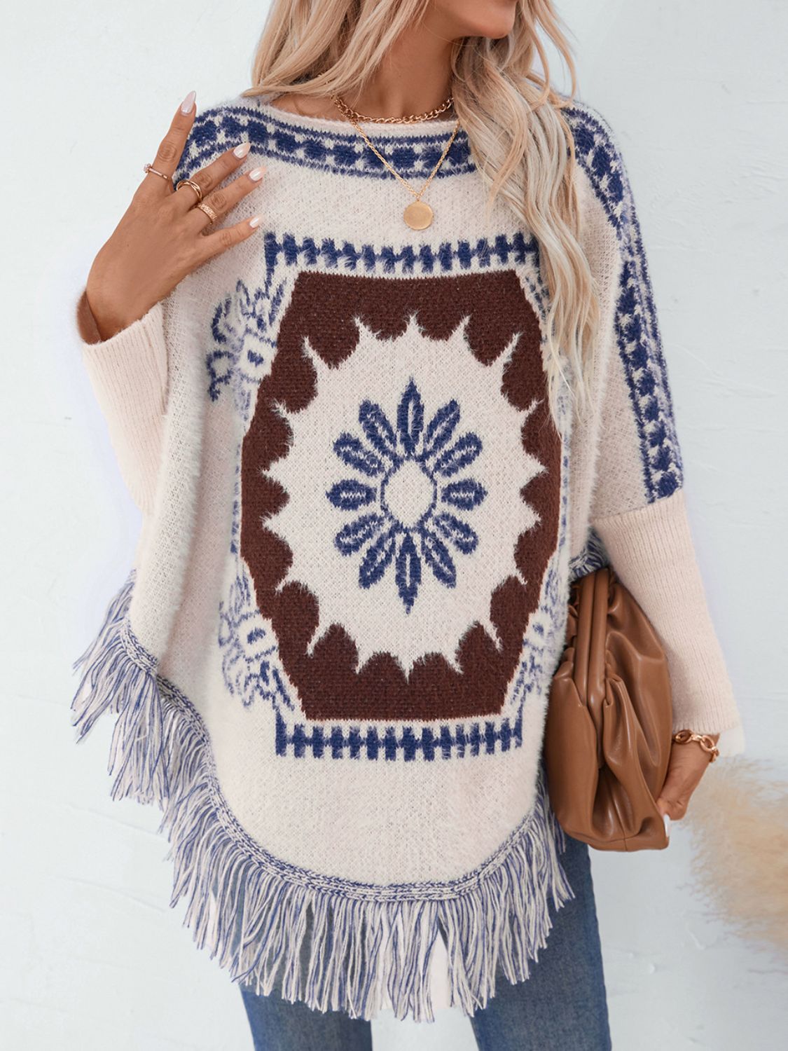 Fringe Geometric Long Sleeve Poncho-TOPS / DRESSES-[Adult]-[Female]-2022 Online Blue Zone Planet